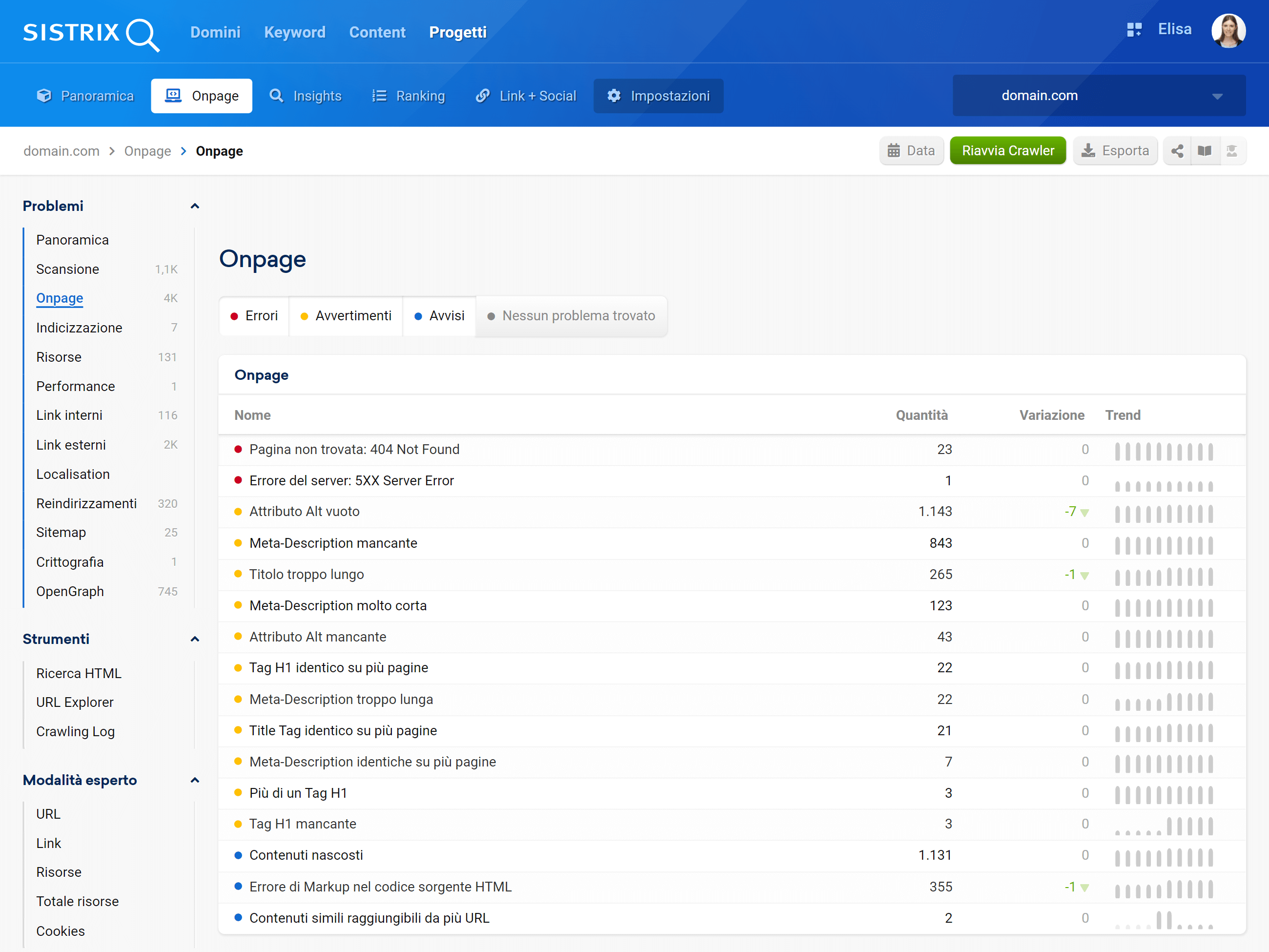 Esempio di onpage check per la sezione Onpage