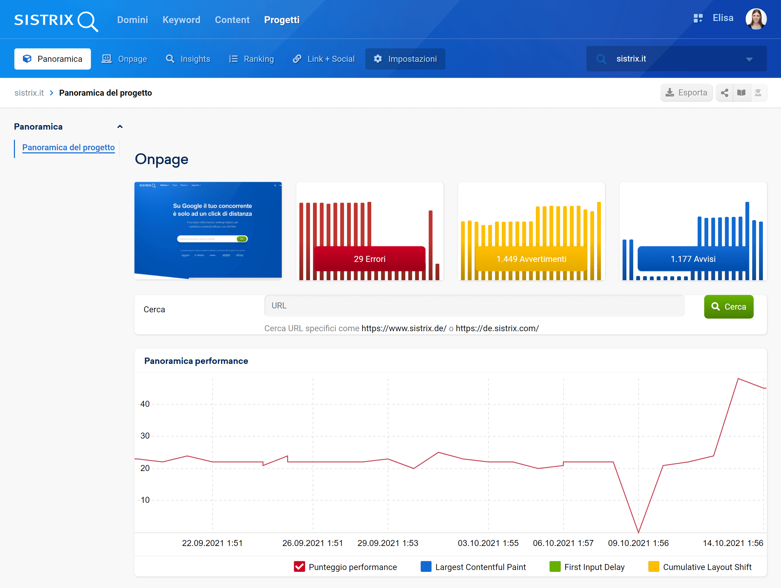 Sezione Onpage dell'Optimizer SISTRIX: errori, avvertimenti e avvisi di un progetto