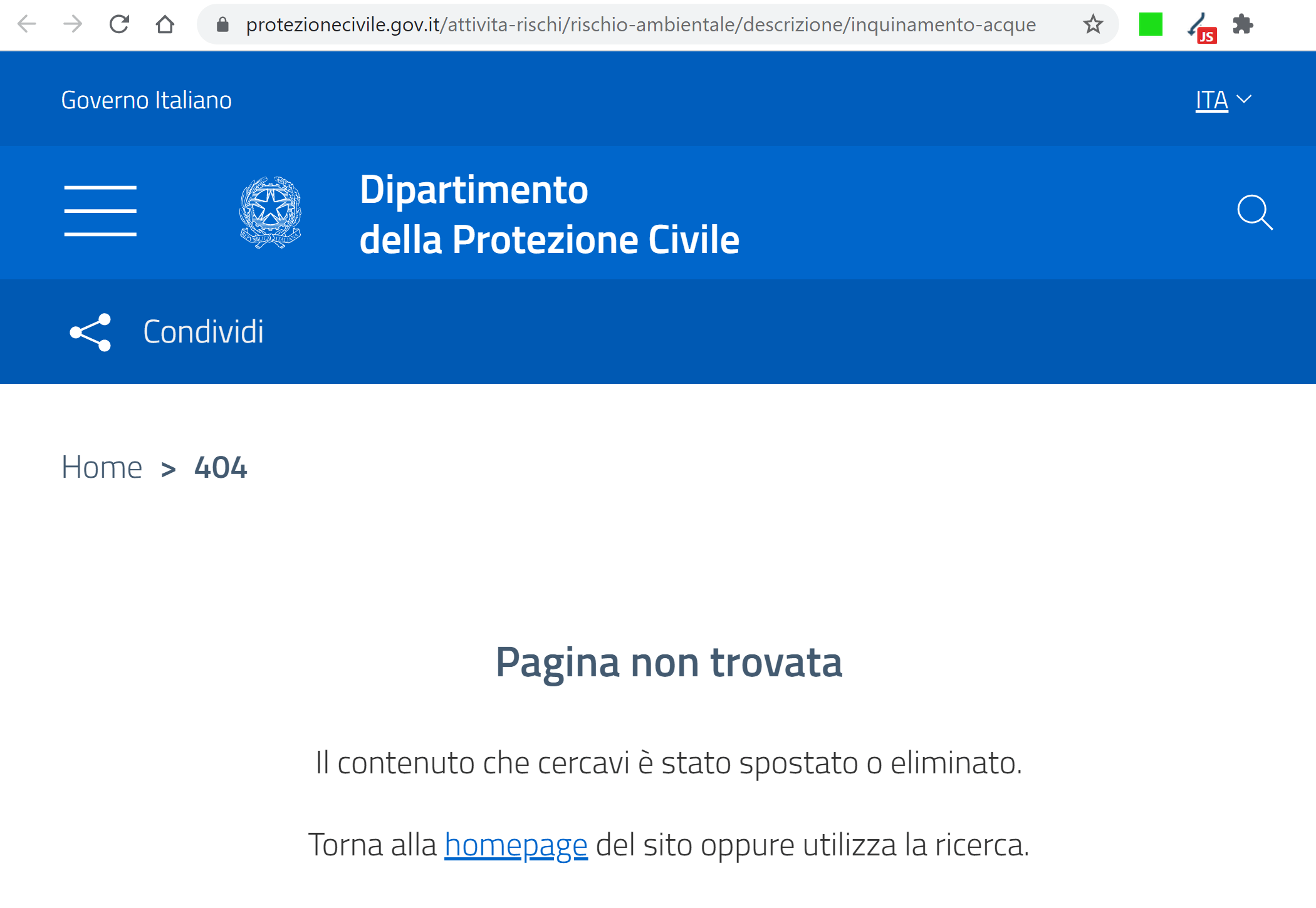 Pagina 404 del sito protezionecivile.gov.it