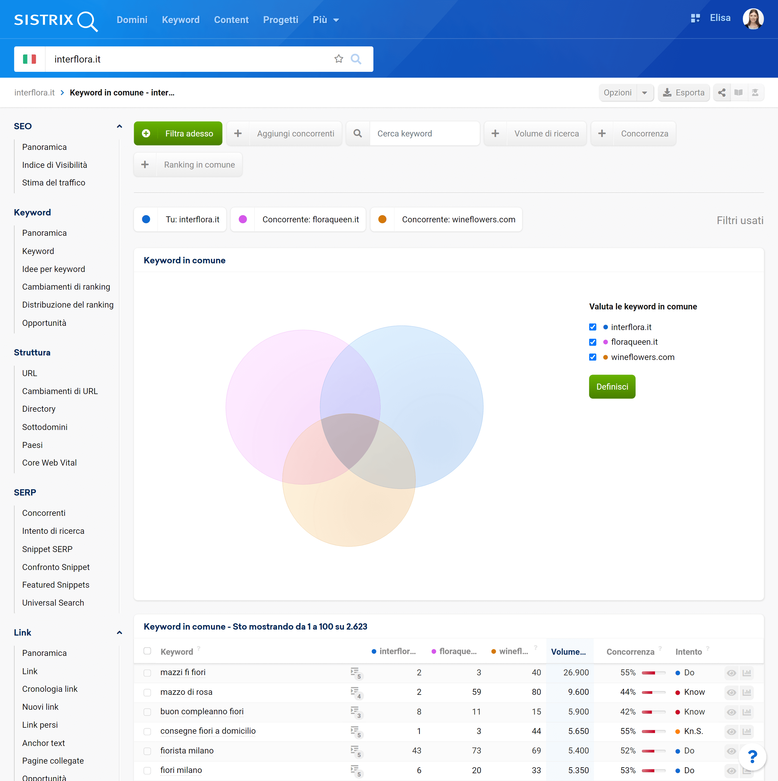 Funzione delle keyword in comune su SISTRIX