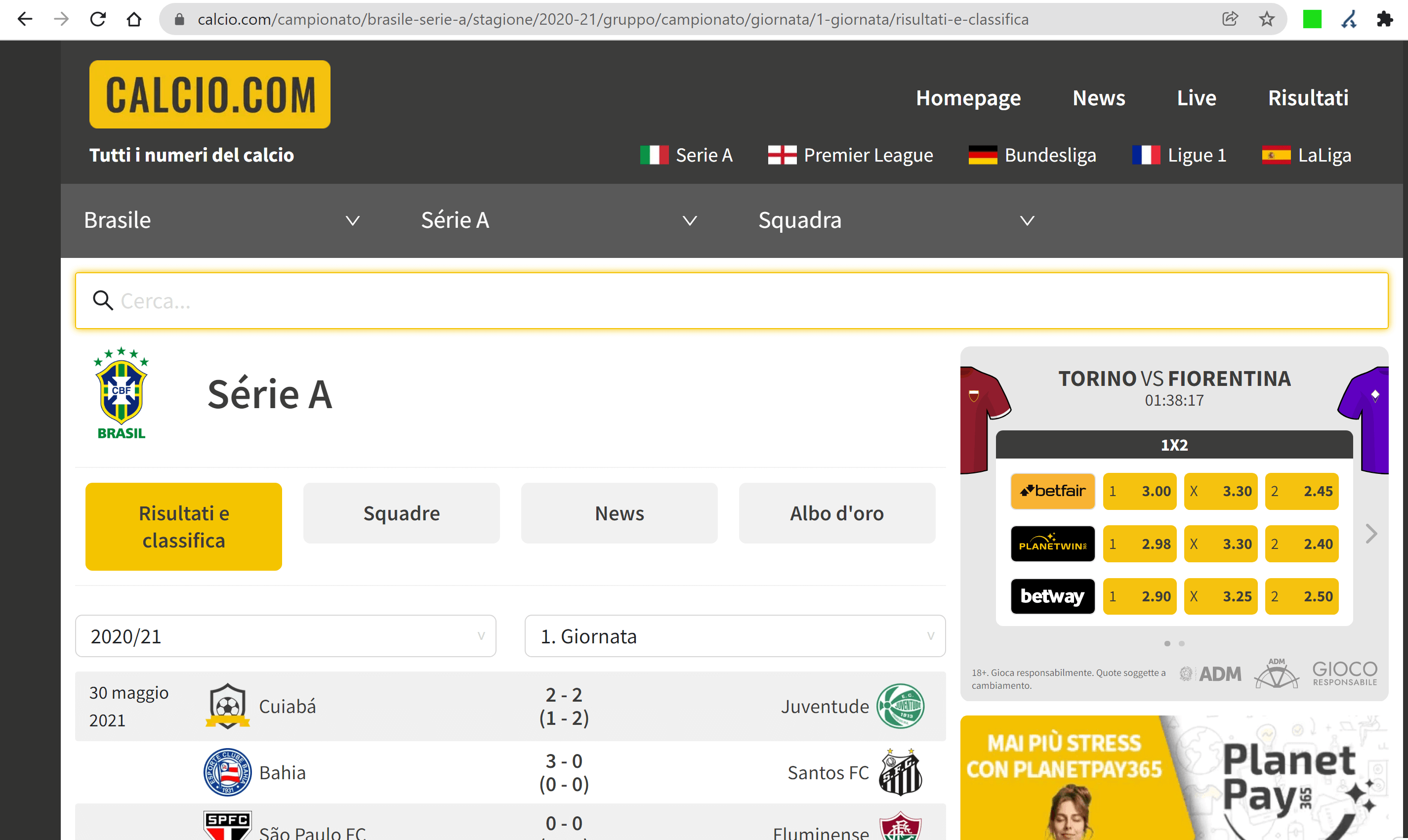 Vecchia pagina di calcio.com per la keyword "serie a brasile"