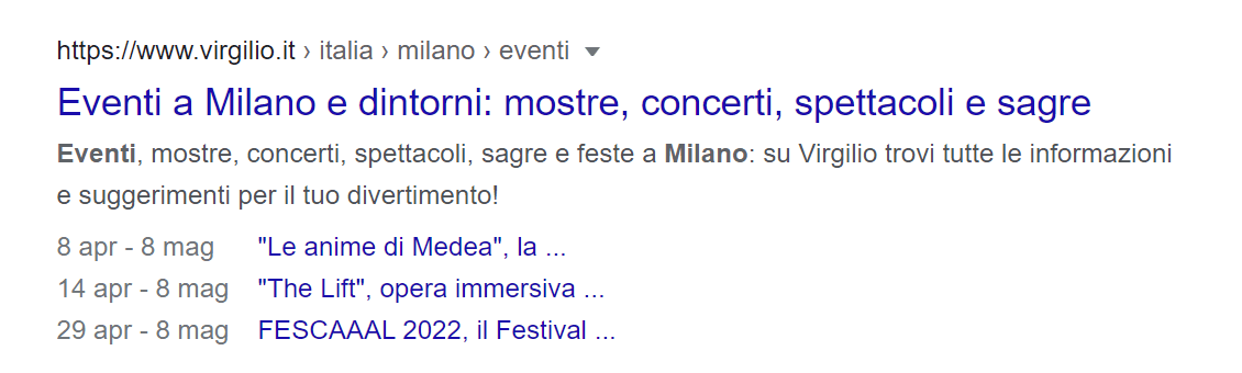 Esempio di risultato evento nelle SERP