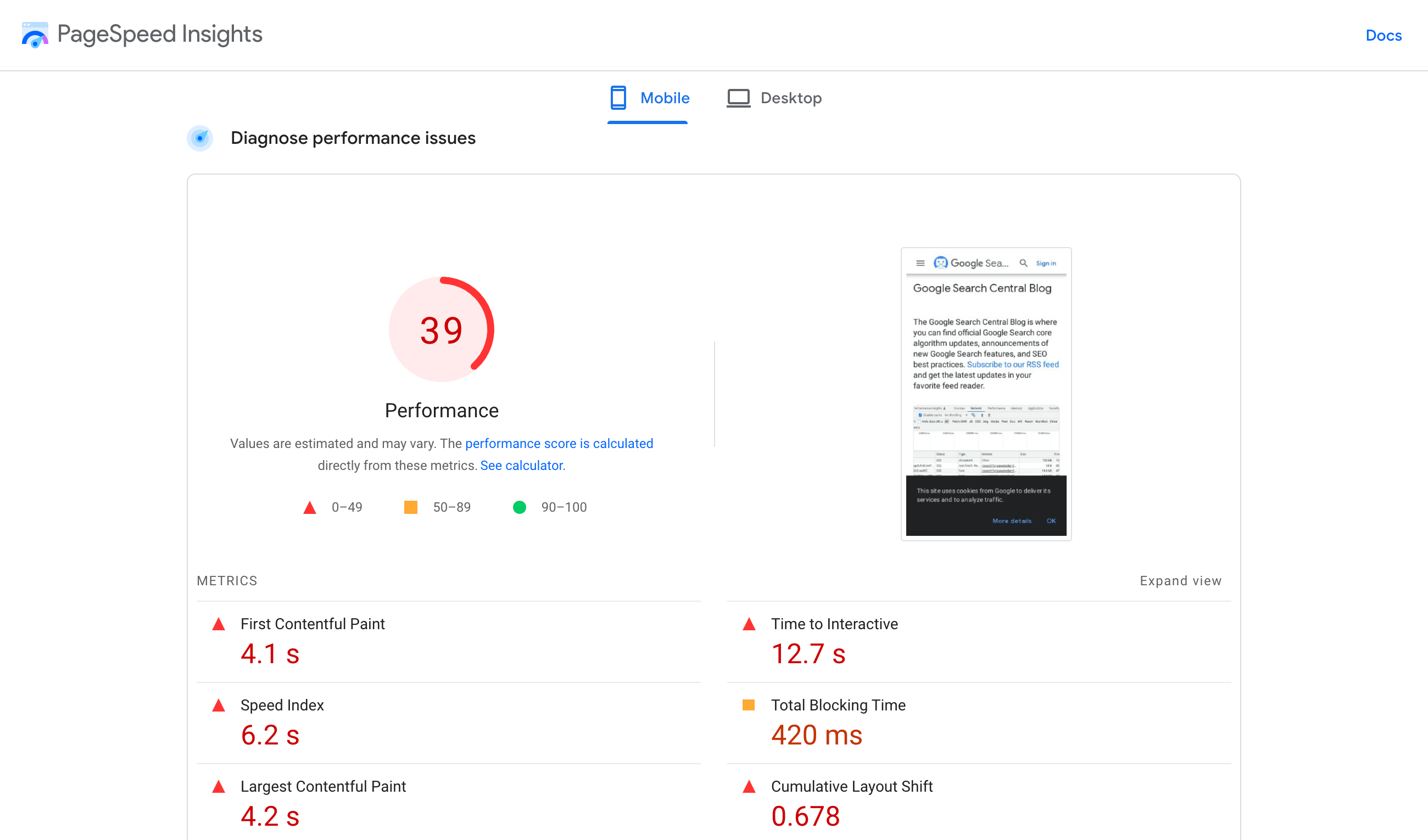 esempio di cosa misurano i Google PageSpeed Insights 2