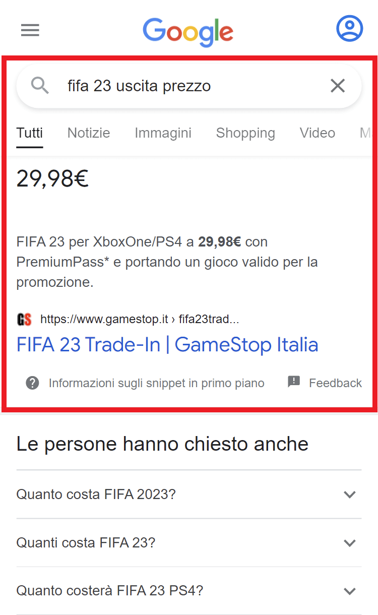 Esempio di Featured Snippet 