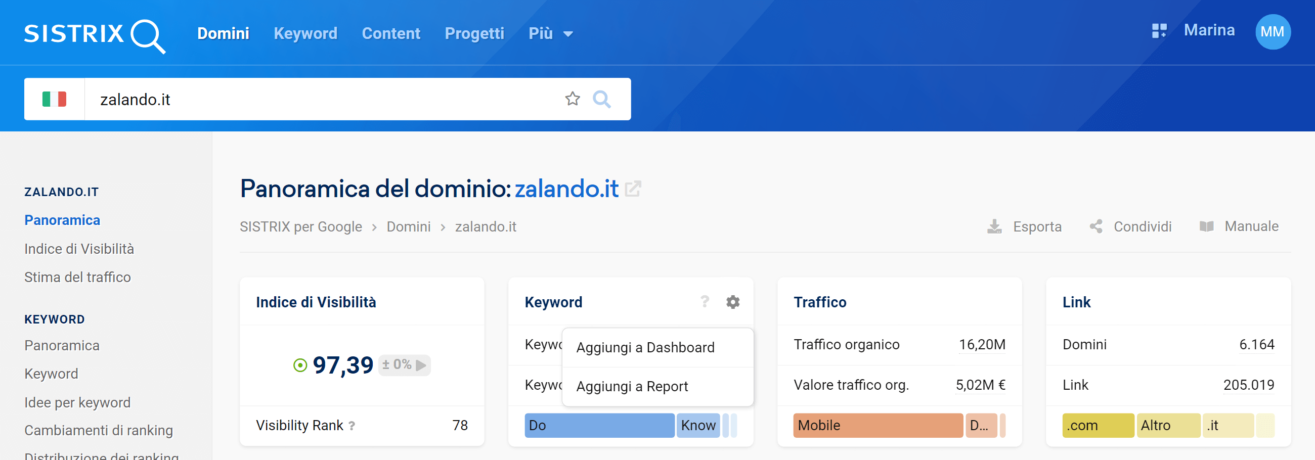 Panoramica di un dominio su SISTRIX e indicazioni su come creare un Report