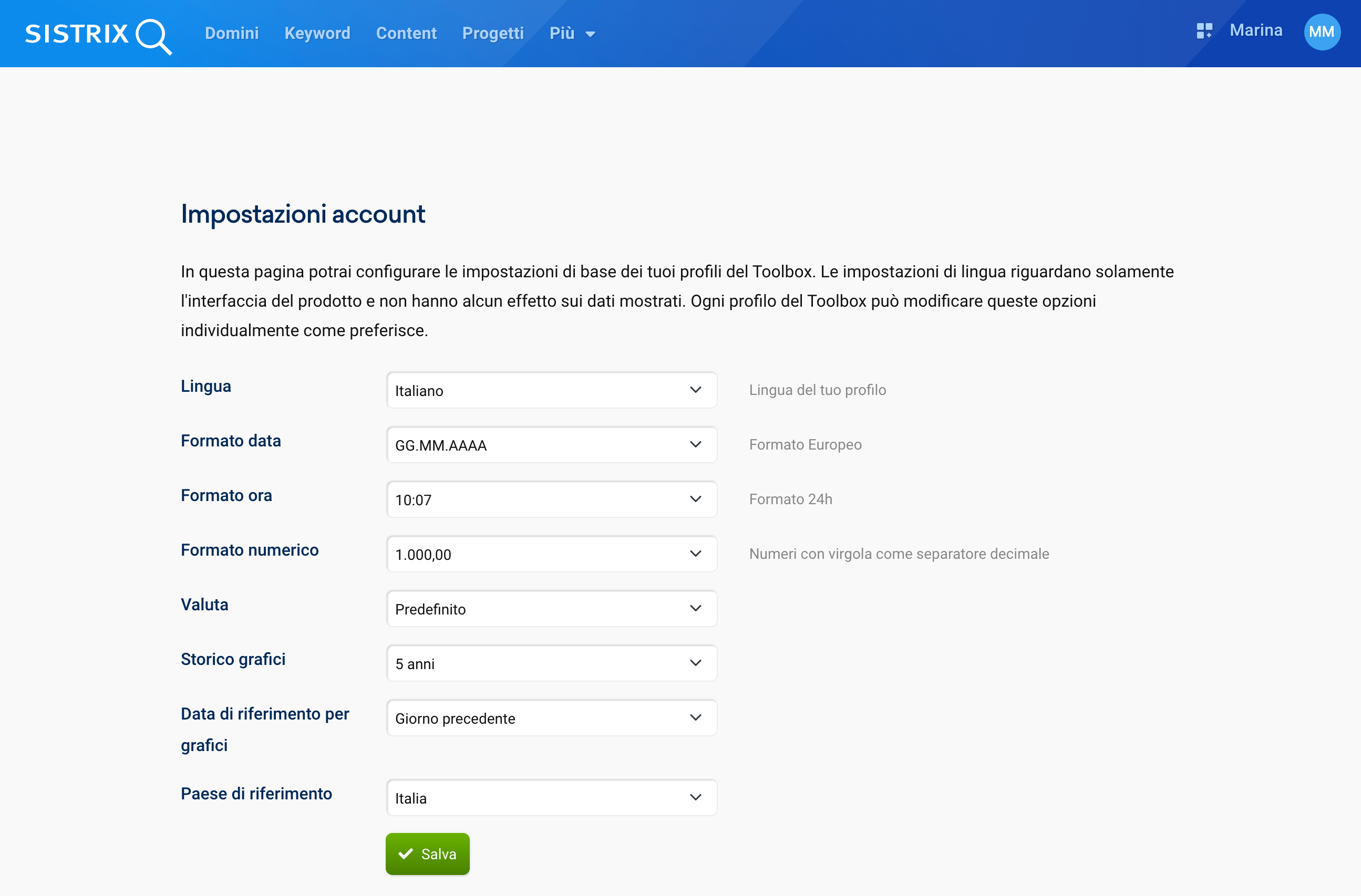 Impostazioni account di SISTRIX