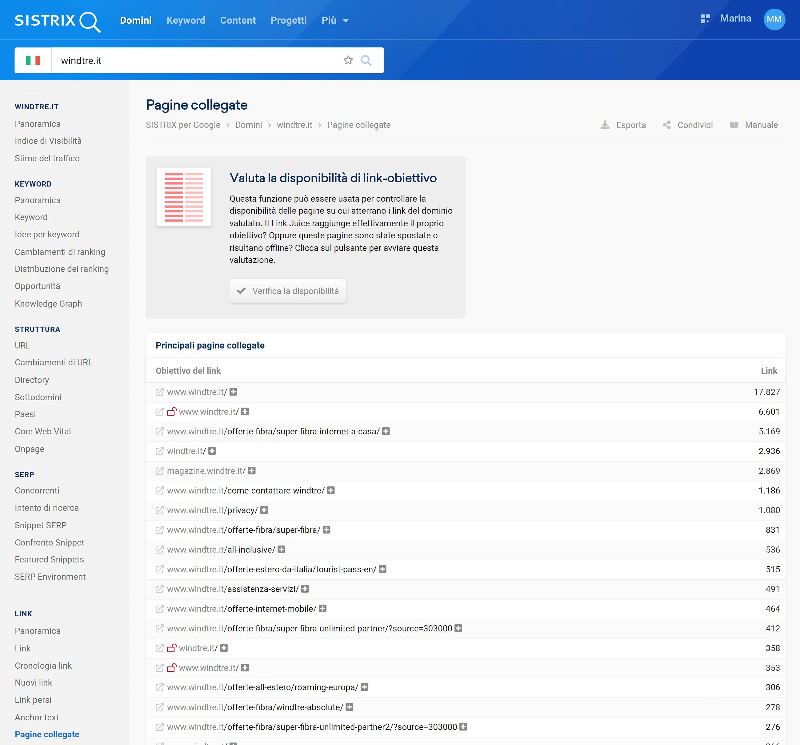 Panoramica pagine collegate del dominio di esempio nel Toolbox SISTRIX