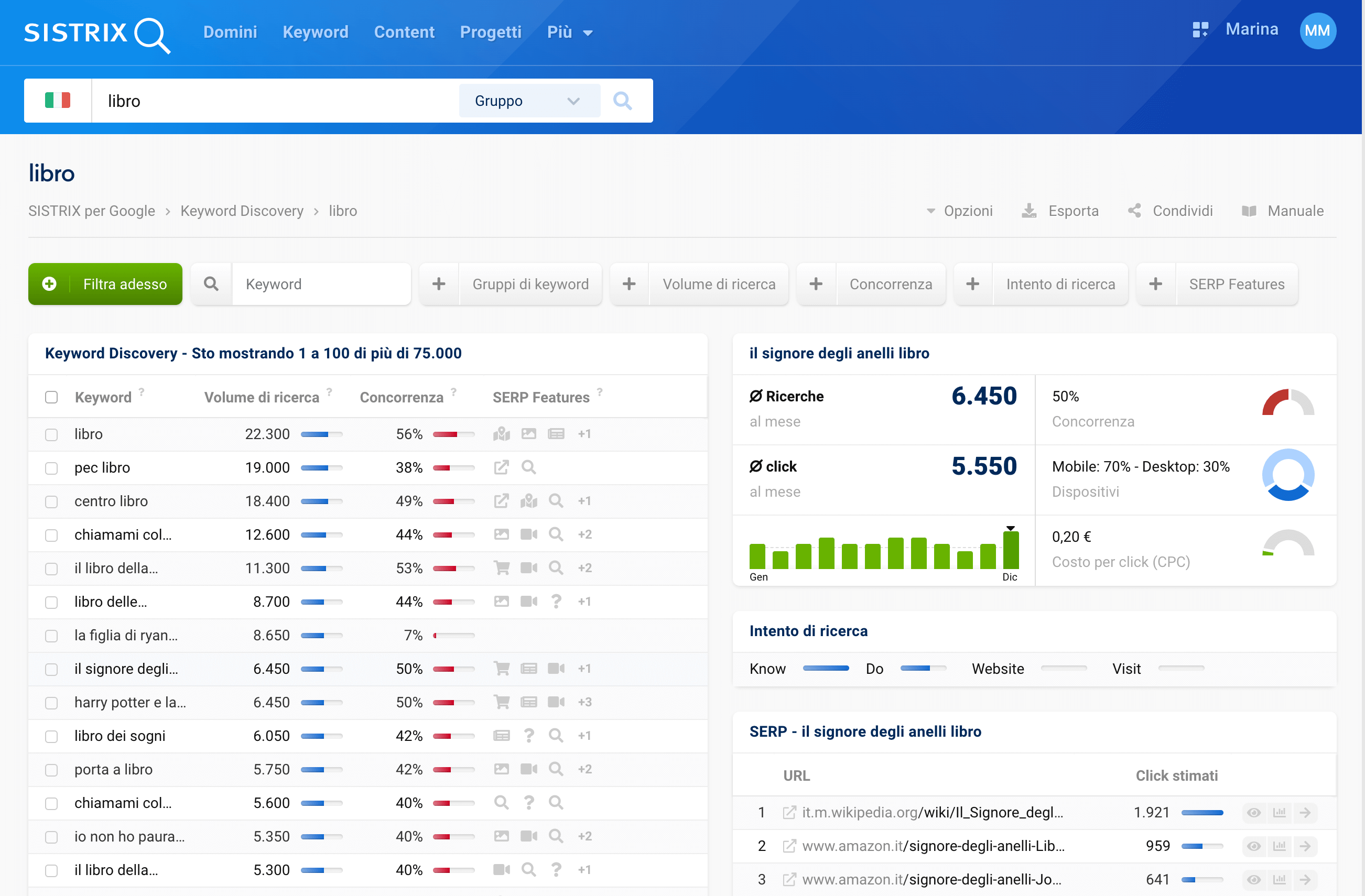 Dettaglio di una keyword nel keyword discovery