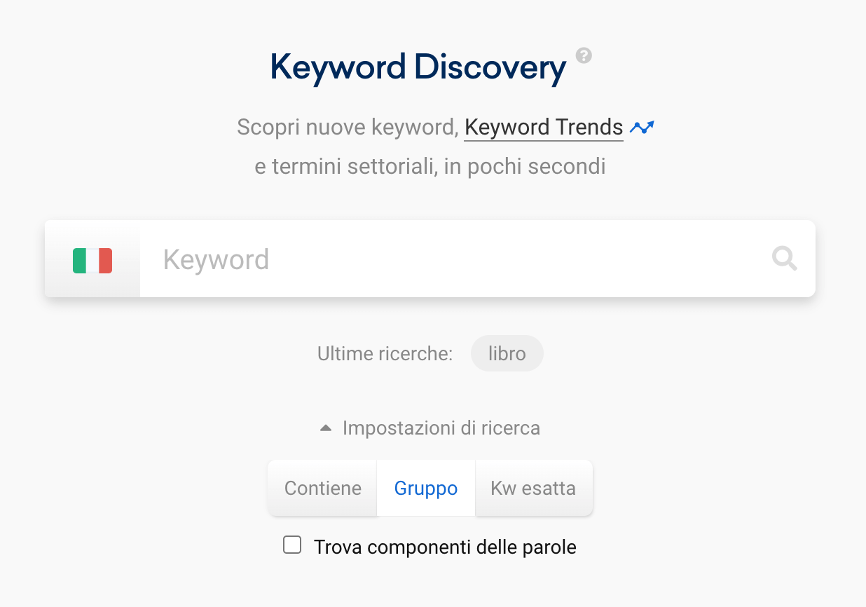 Impostazioni di ricerca delle keyword nel Keyword Discovery