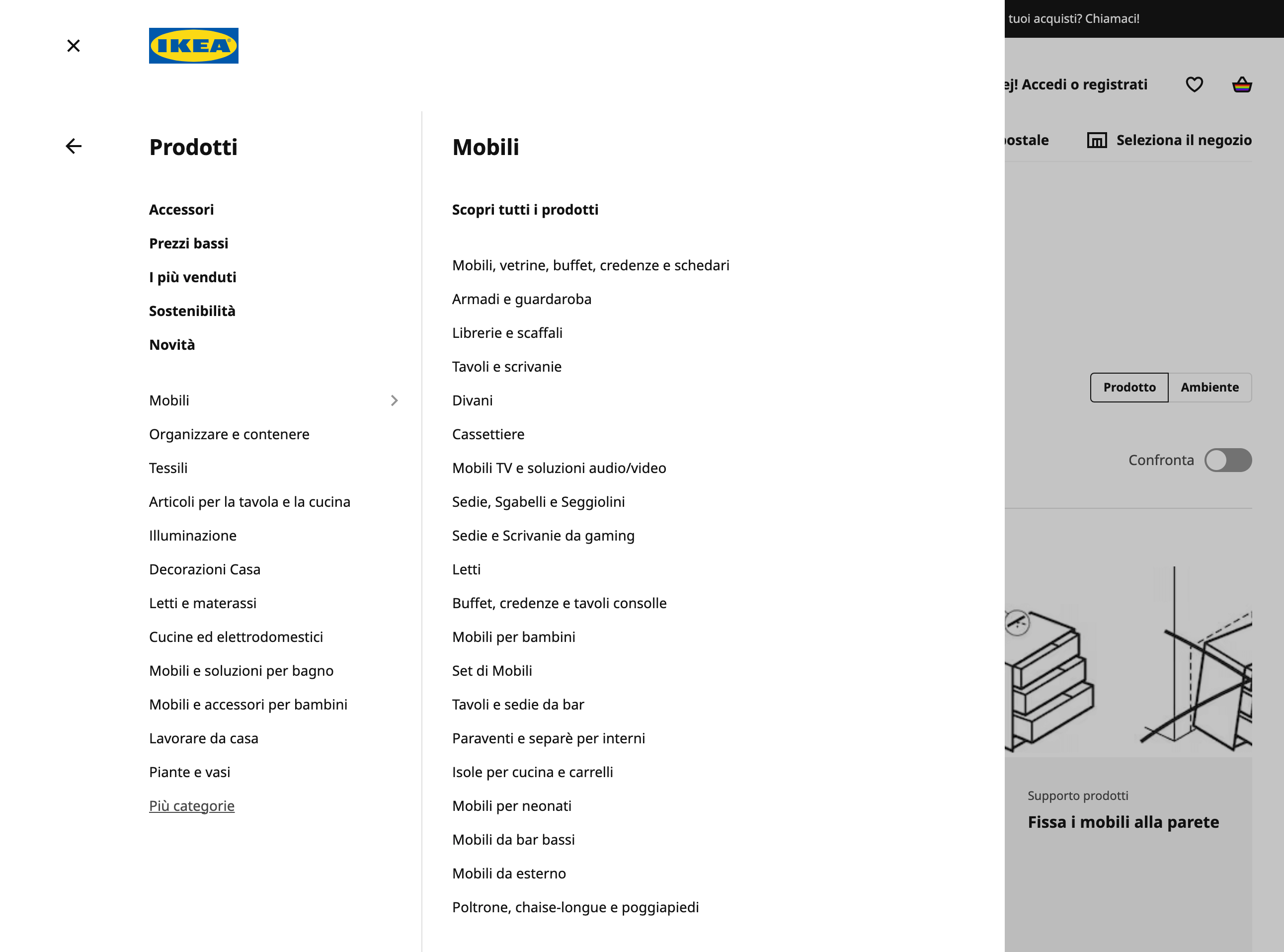 Menu per prodotto nel sito ikea.com