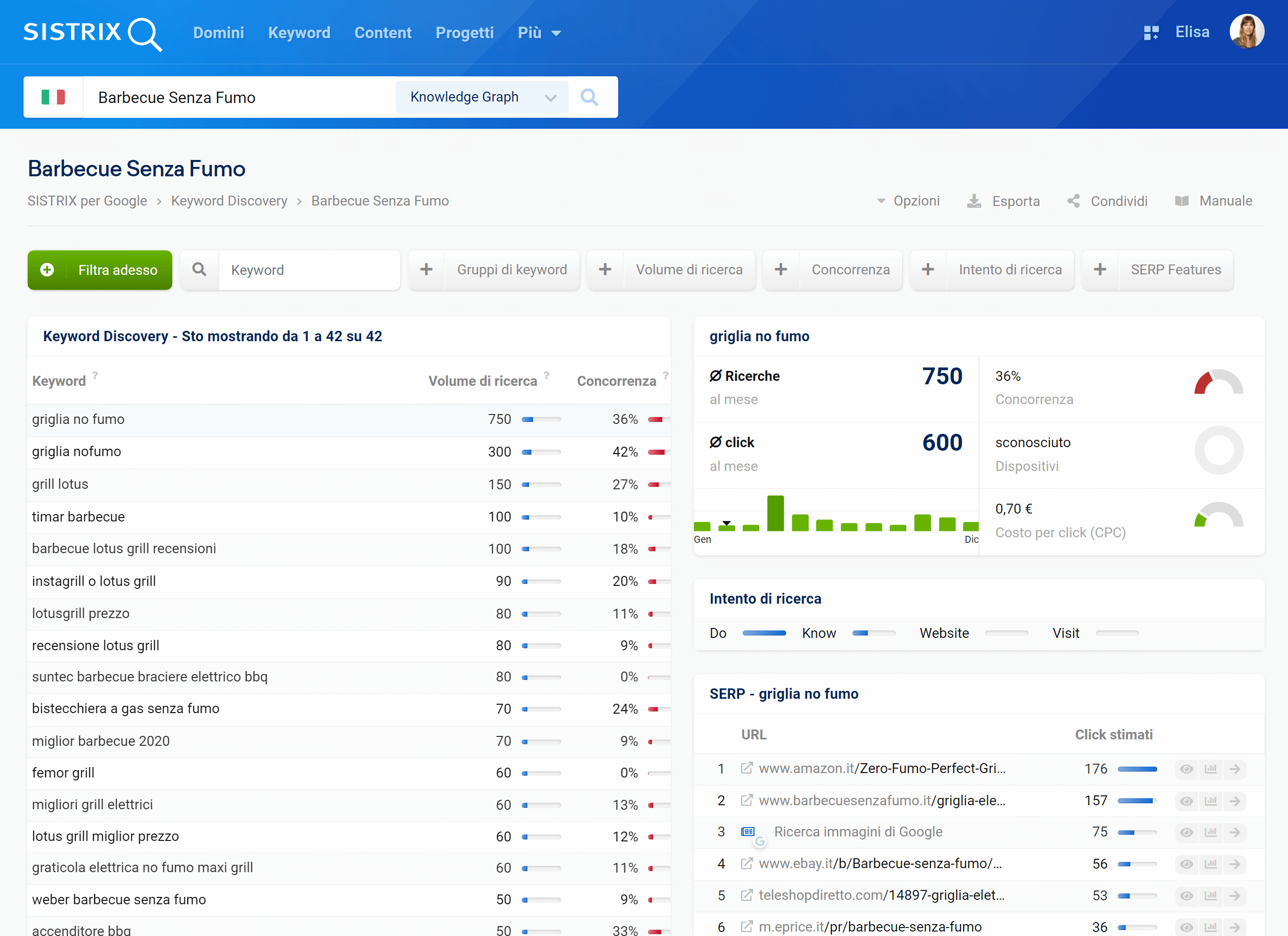 Keyword Discovery di SISTRIX per la keyword "barbecue senza fumo"