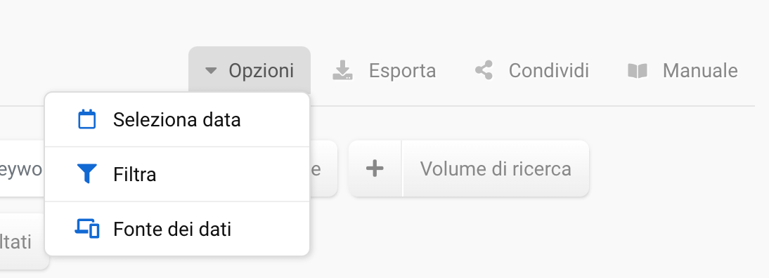 Barra delle impostazioni sopra la tabella delle keyword nel Toolbox SISTRIX