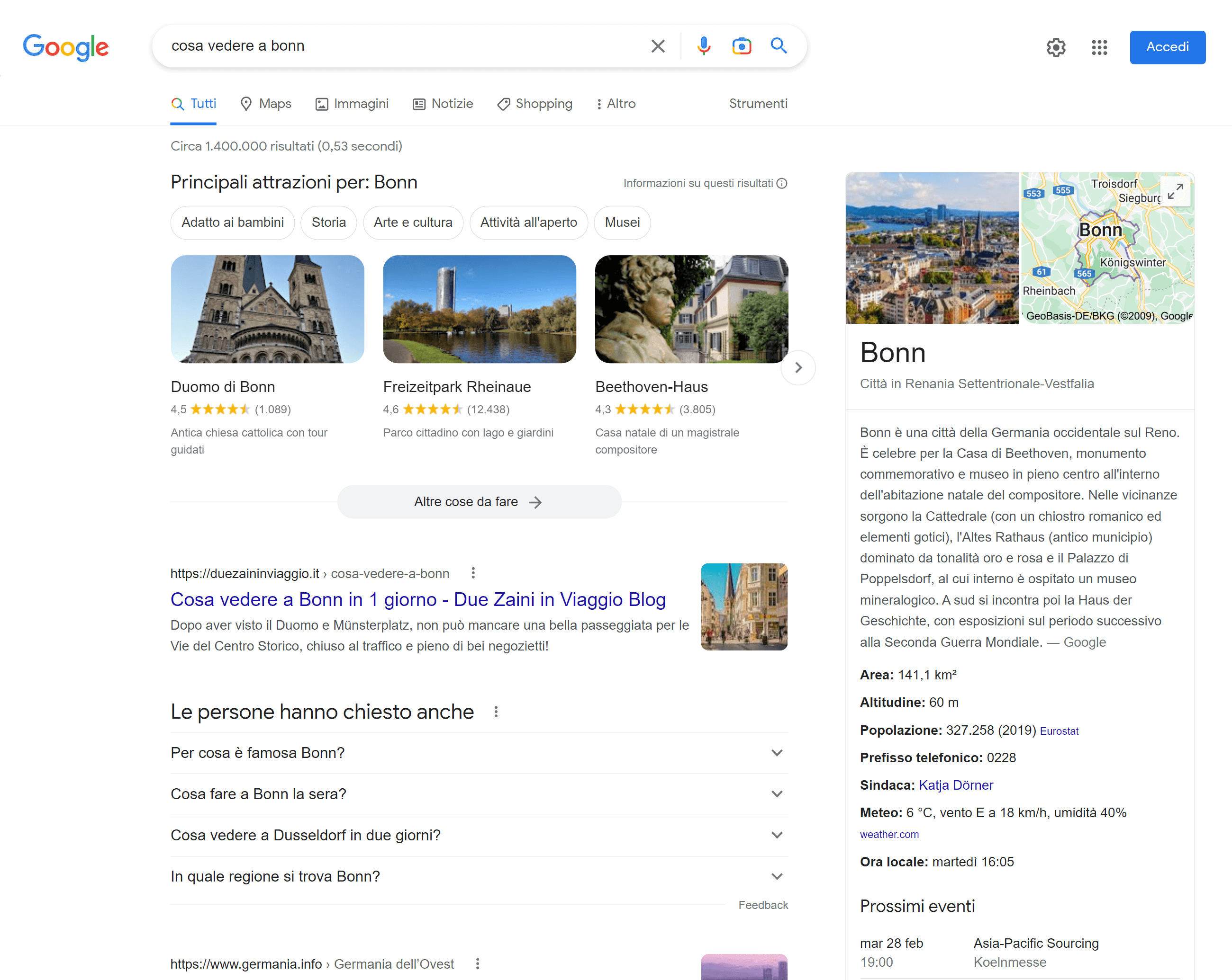 Pagina dei risultati di ricerca Google (SERP) per la ricerca di punti di interesse a Bonn