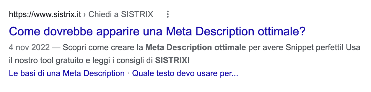 Esempio di uno Snippet dal sito sistrix.it nei risultati di ricerca di Google