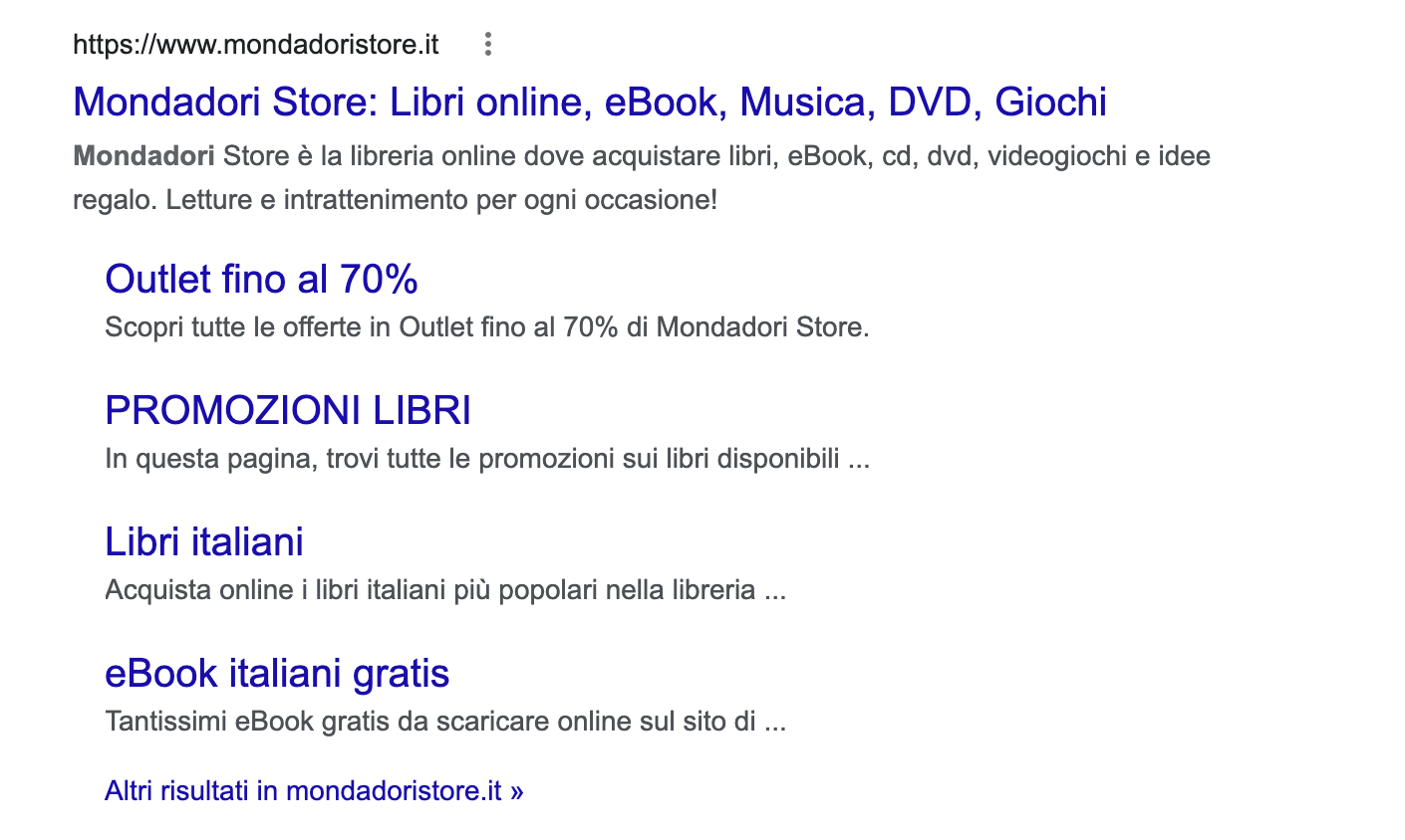 Esempio di un sitelink nello snippet di mondadoristore.it