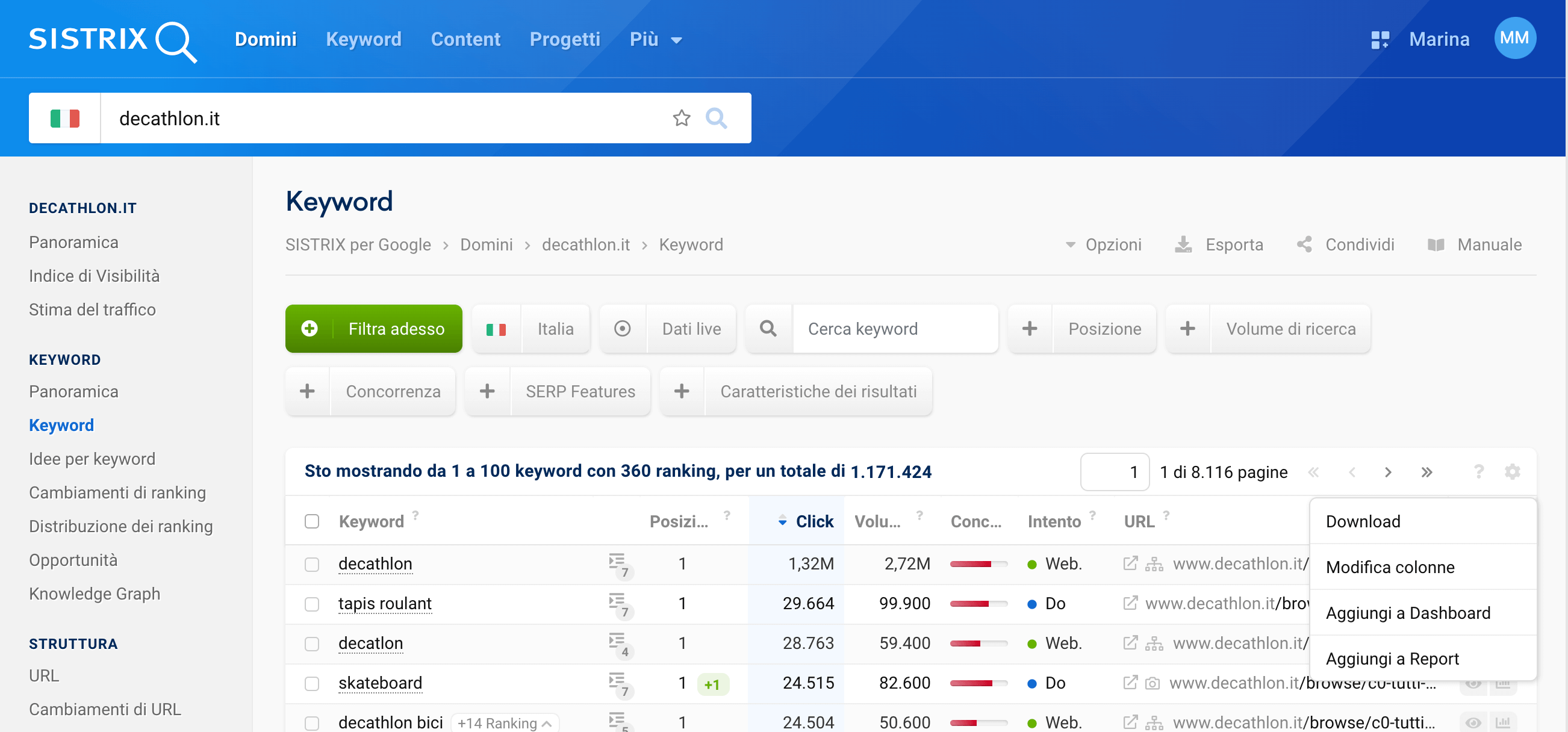 Modificare colonne per vista personalizzata nella panoramica delle keyword