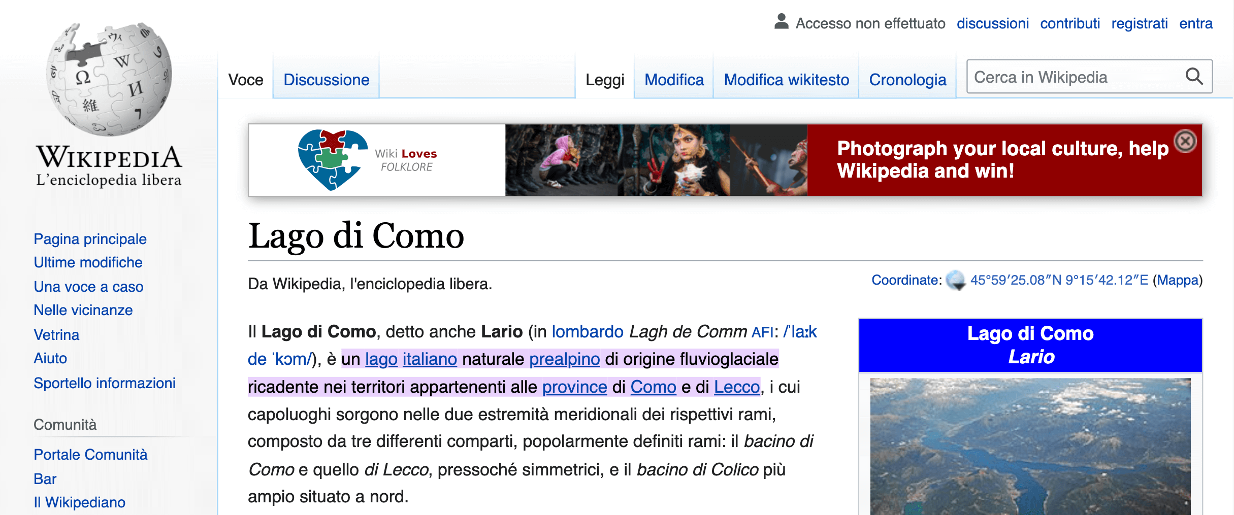 Esempio di Text Fragment Link: pagina di Wikipedia del Lago di Como