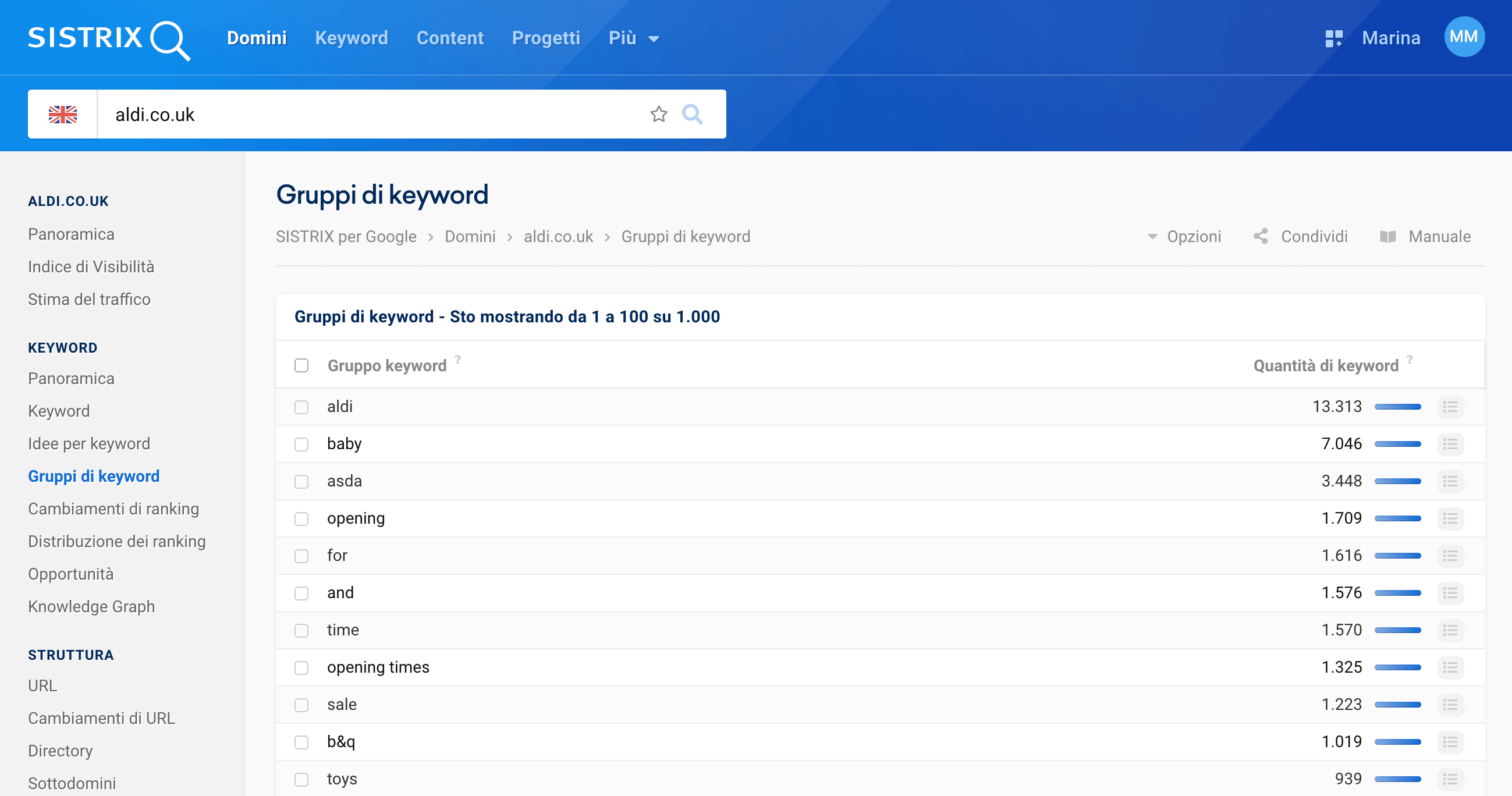 Funzione gruppi di keyword per il dominio aldi.co.uk nel Toolbox SISTRIX