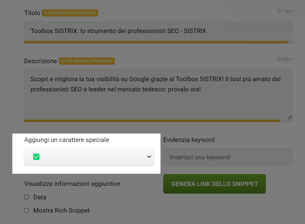 panoramica serp snippet generator. La funzione caratteri speciali è evidenziata