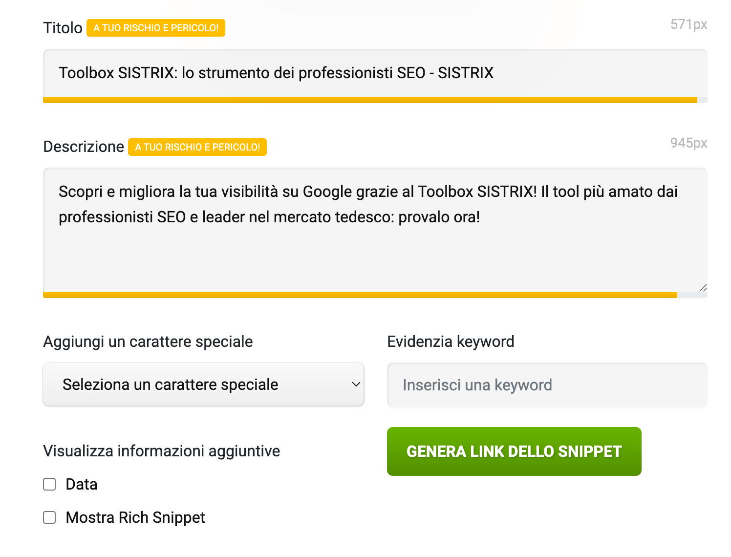 SERP Snippet Generator di SISTRIX