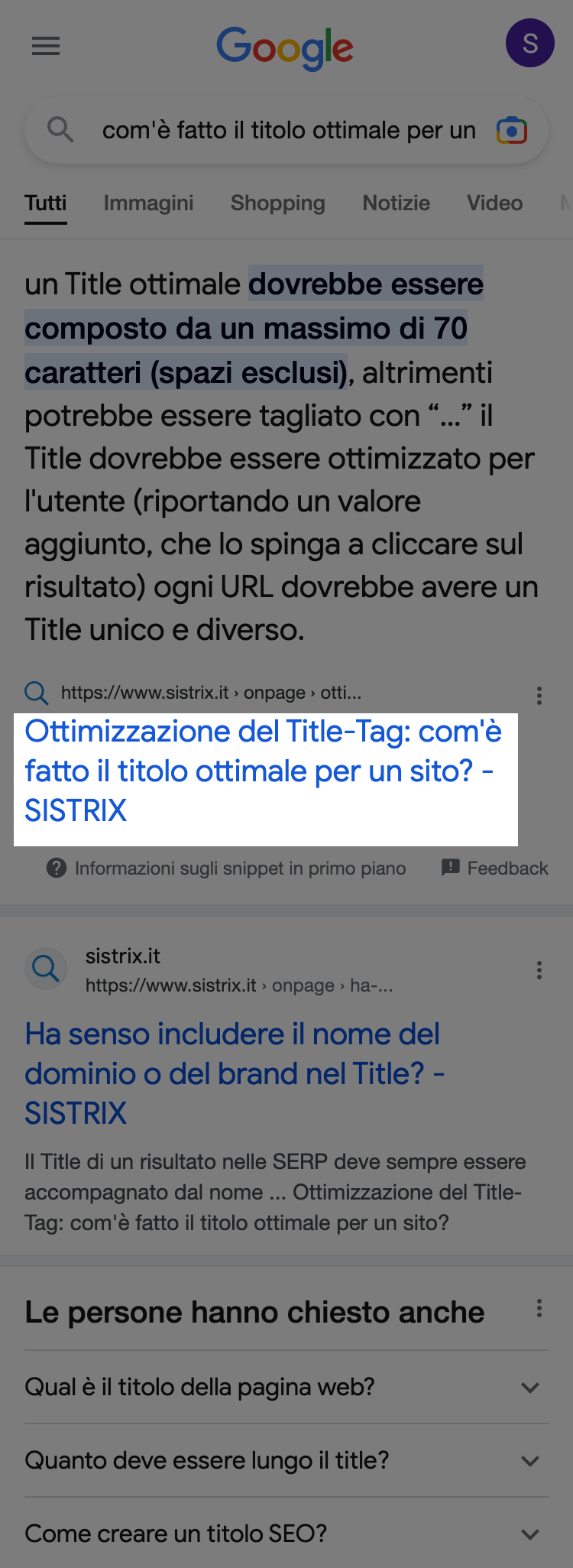 Screenshot di un risultato di ricerca nei risultati di Google. Il titolo della ricerca è messo in evidenza