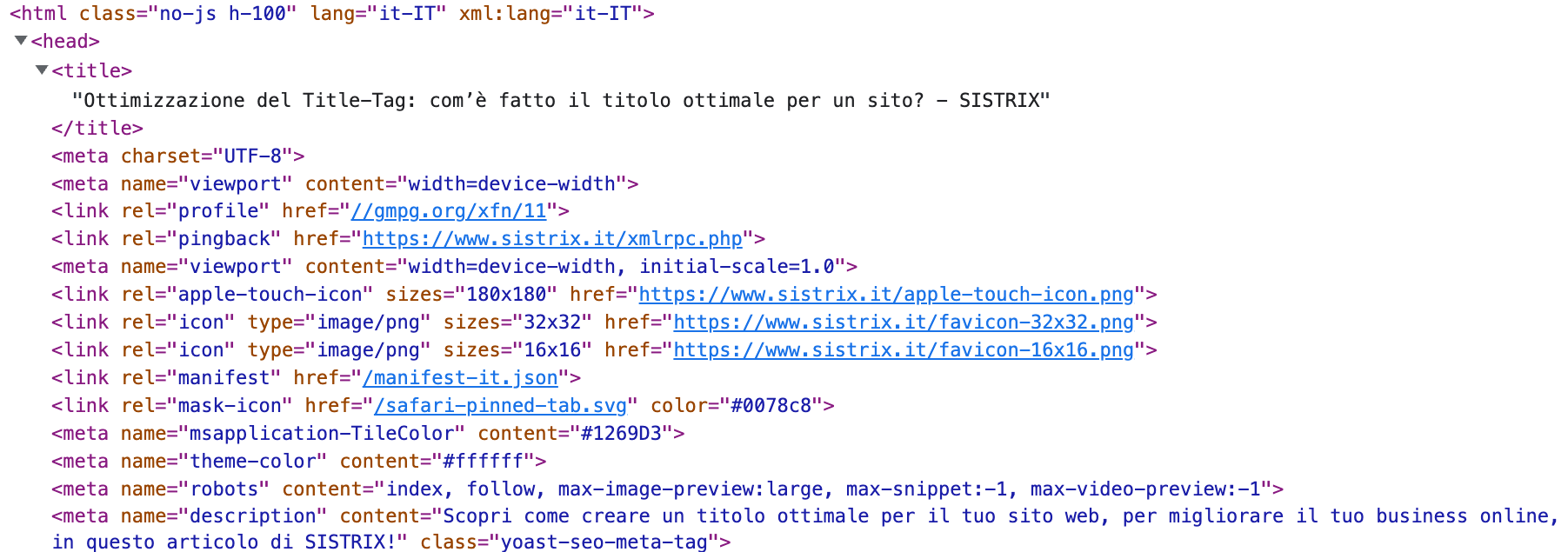 Screenshot del codice sorgente della pagina "Ottimizzazione del Title Tag: com'è fatto il titolo ottimale per un sito?"