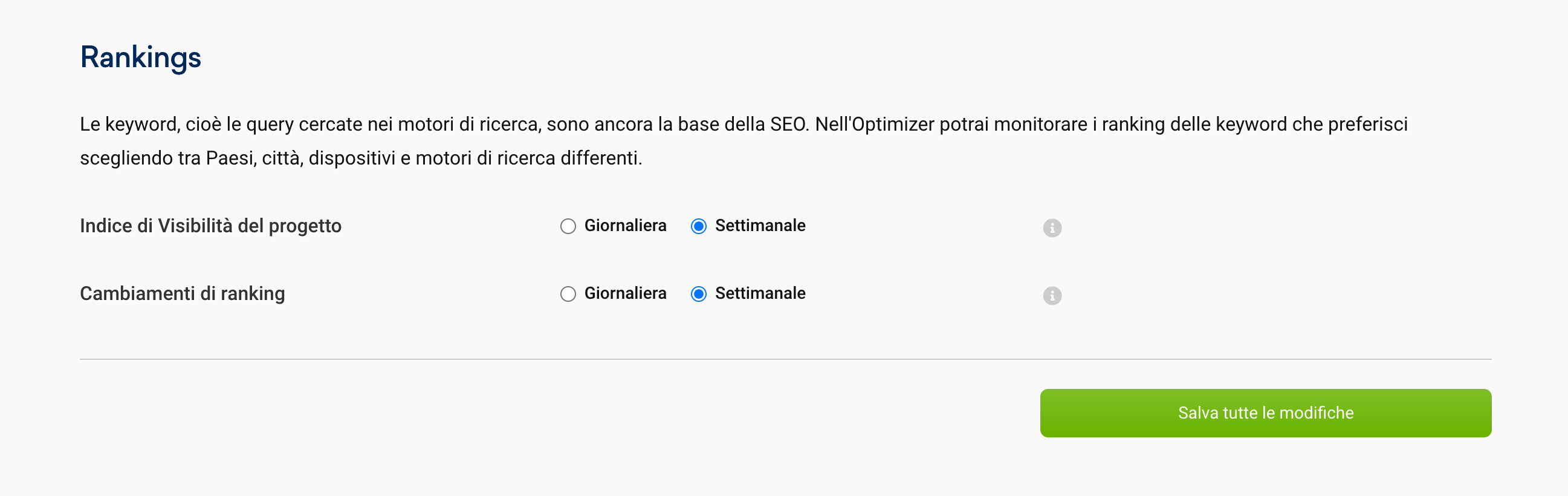 Impostazioni di frequenza di aggiornamento dei ranking nell'optimizer