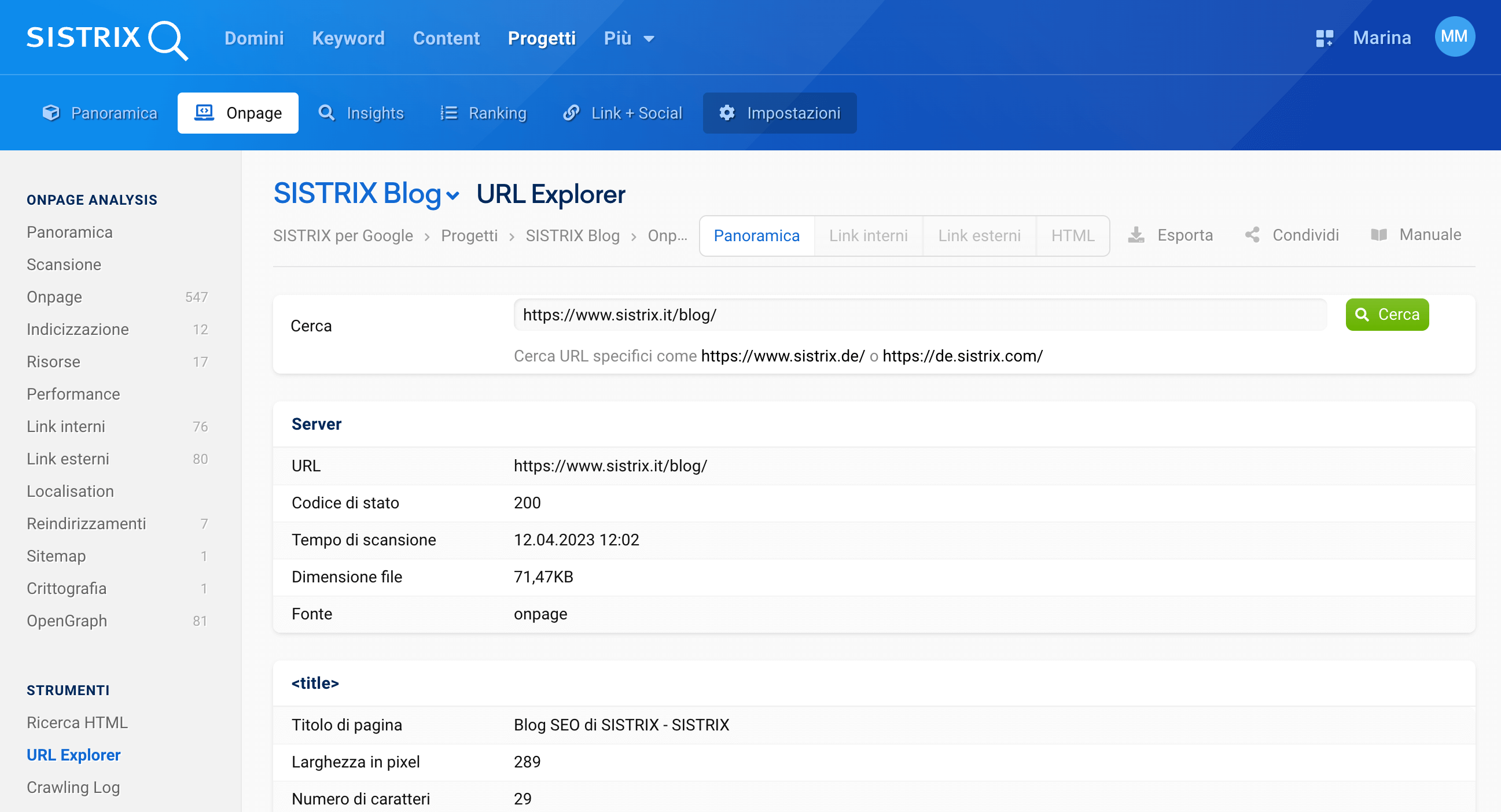 Panoramica della sezione URL Explorer nell'analisi Onpage di SISTRIX