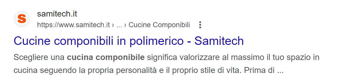 L'immagine mostra un risultato di ricerca Google per la pagina samitech.it. La meta description viene tagliata da Google perché troppo lunga