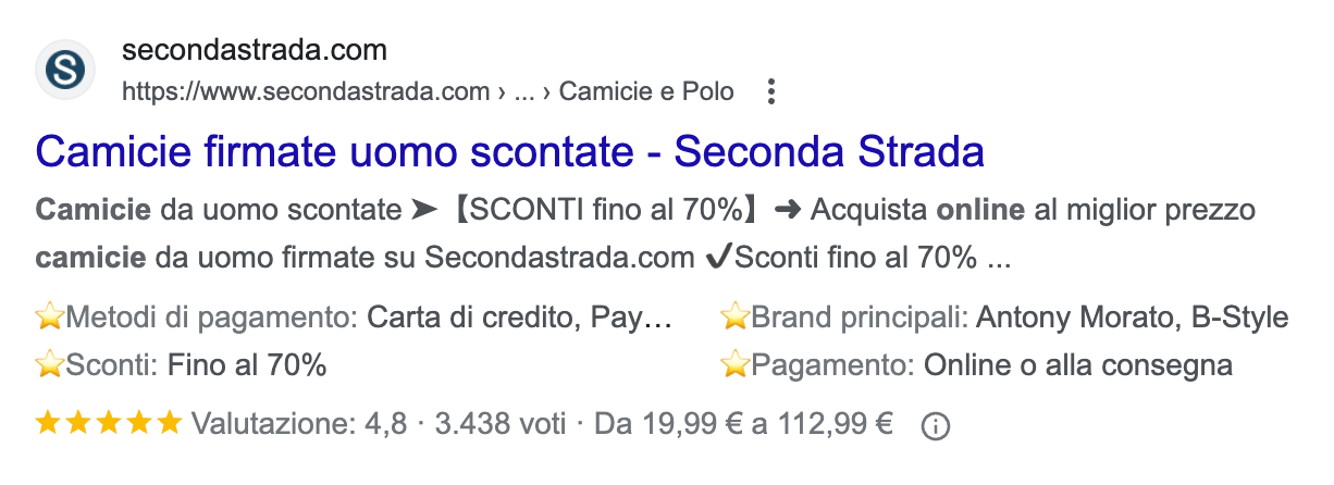 Mostra un risultato di ricerca di Google per la pagina secondastrada.com. Il termine di ricerca è "Camicie firmate uomo scontate". In questo esempio la meta description viene tagliata da Google e presenta dei simboli Unicode (spunte, frecce, stelle di valutazione).