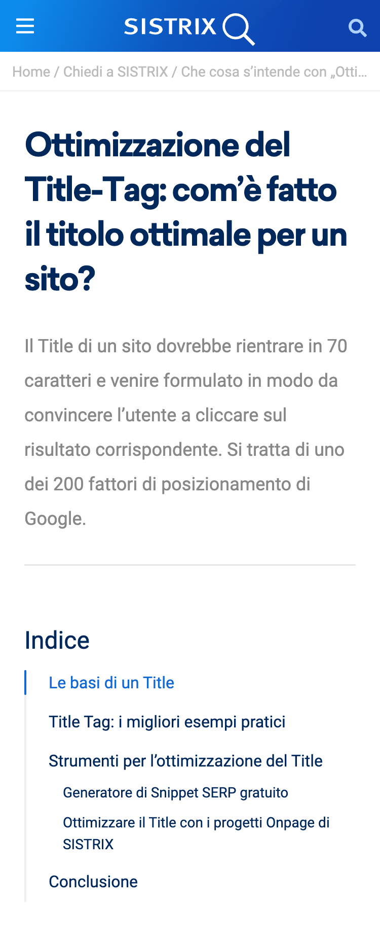 Screenshot di un articolo di Chiedi a SISTRIX nella visualizzazione mobile