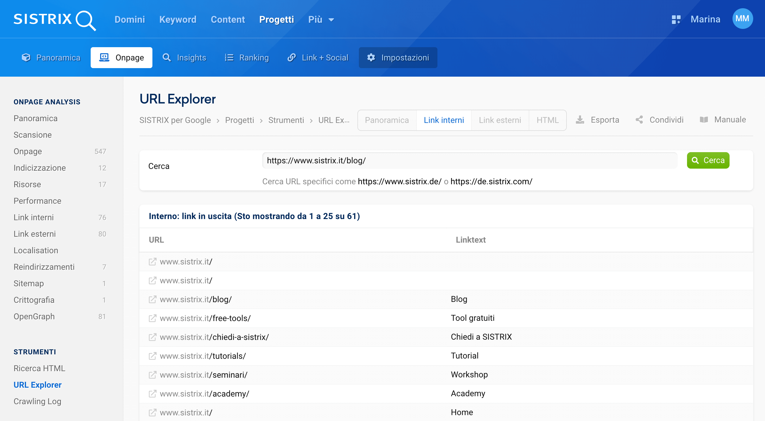 Link interni in uscita nell'analisi Onpage di SISTRIX