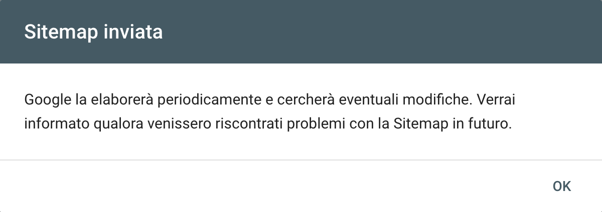 Conferma di invio della sitemap su Google Search Console
