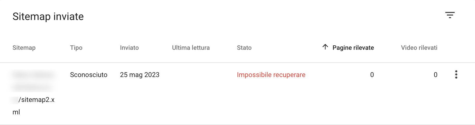 Esempio di errore nel caricamento di una sitemap