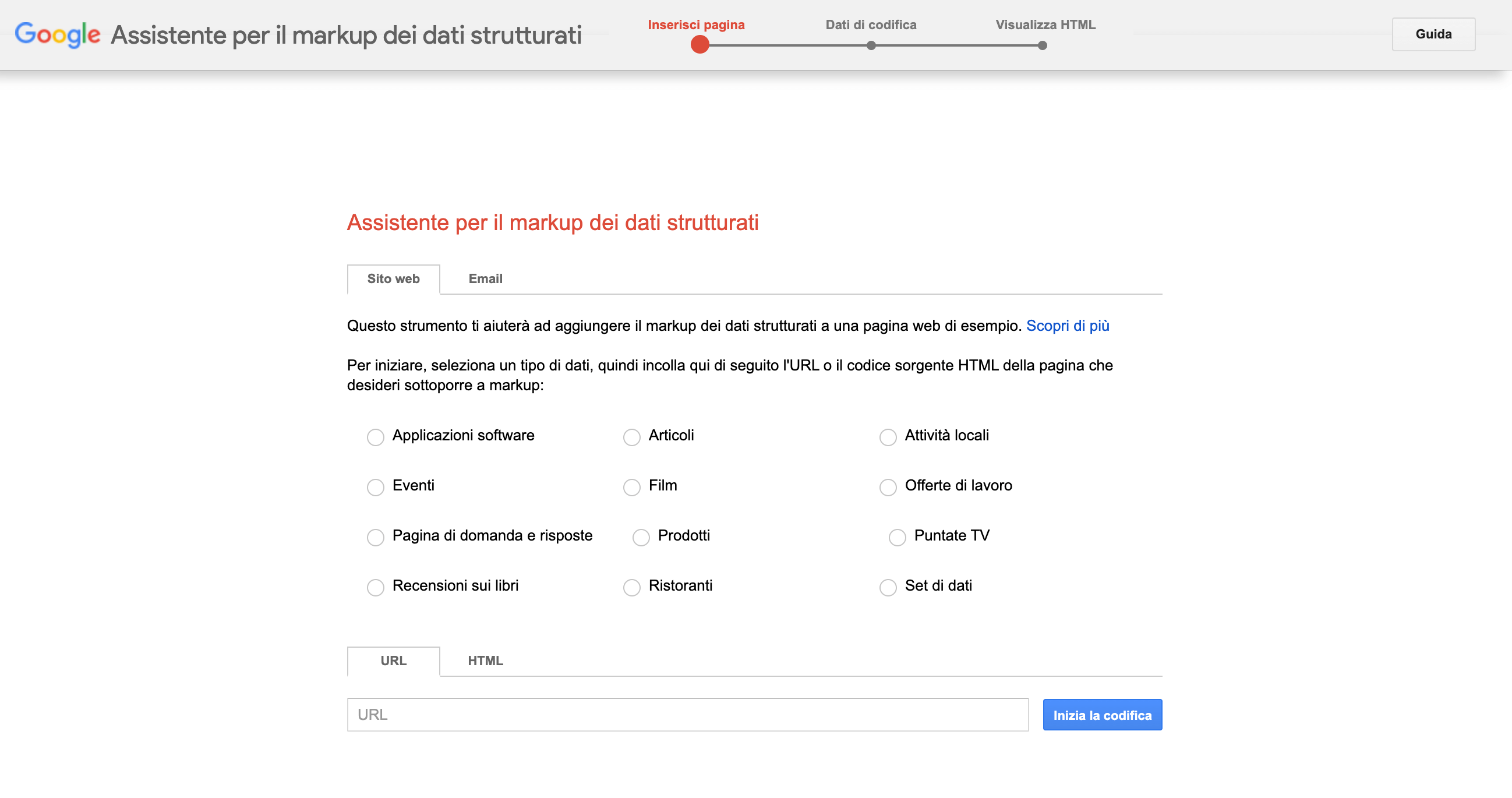 Assistente per il markup dei dati strutturati di Google