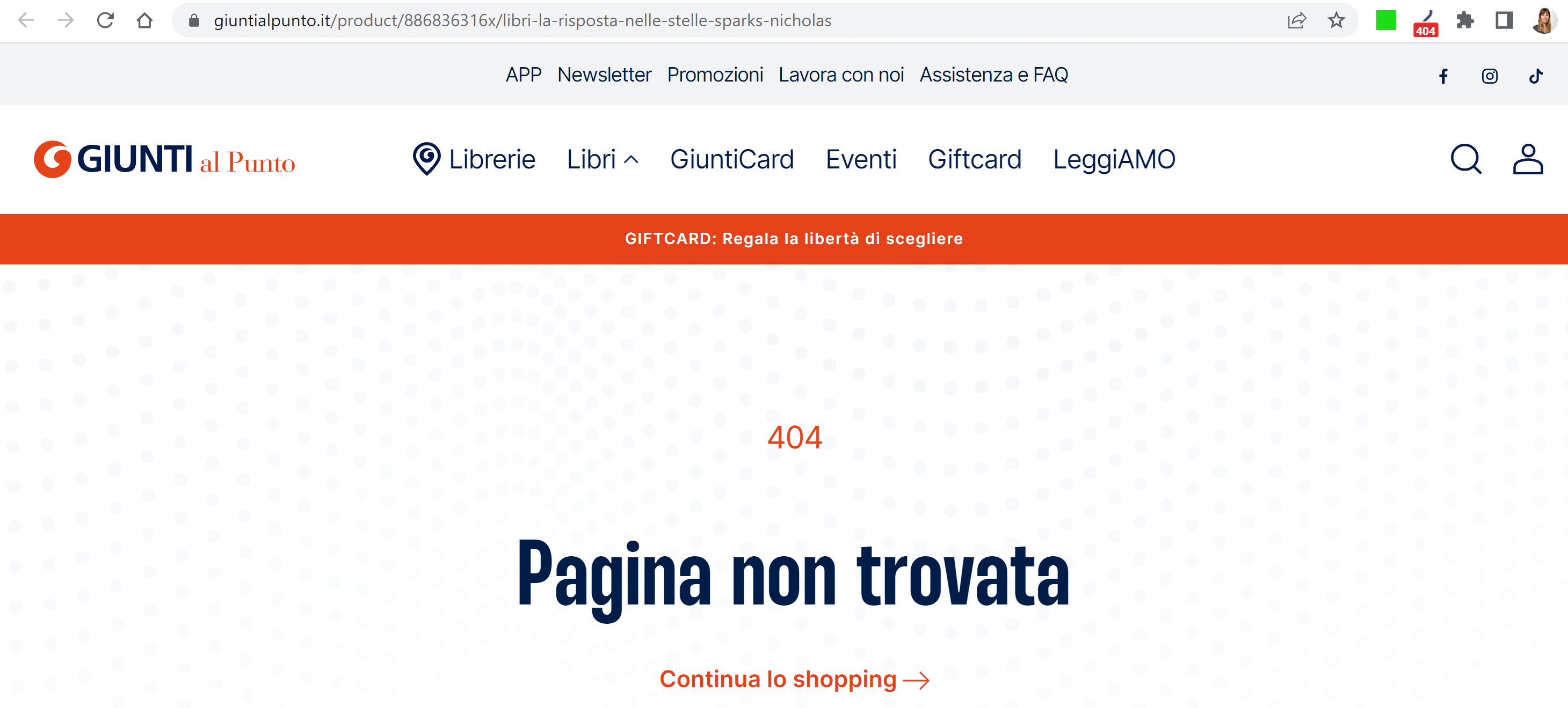 Esempio di pagina 404 per la keyword "La risposta è nelle stelle" sul sito di giuntialpunto.it