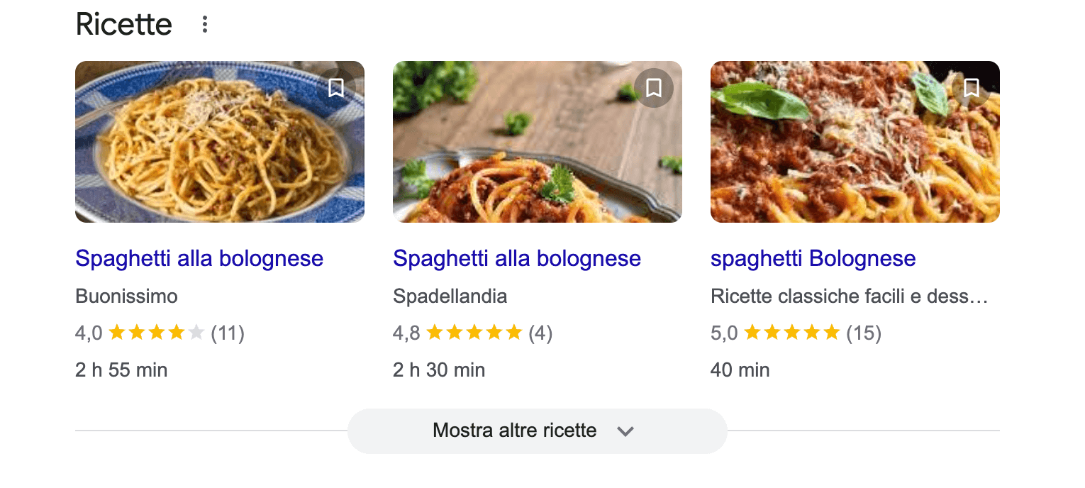 Rich snippet in posizione di rilievo per la raccolta "ricette"