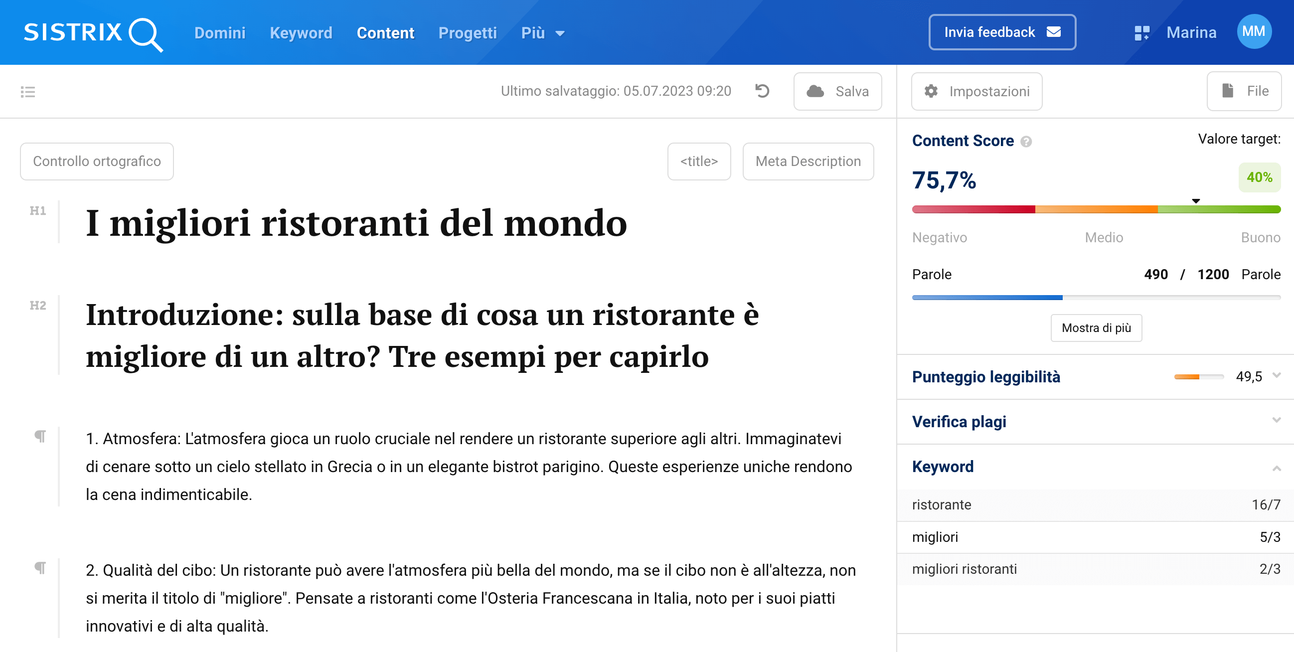 Impostazioni nell'editor del Content Assistant AI di SISTRIX