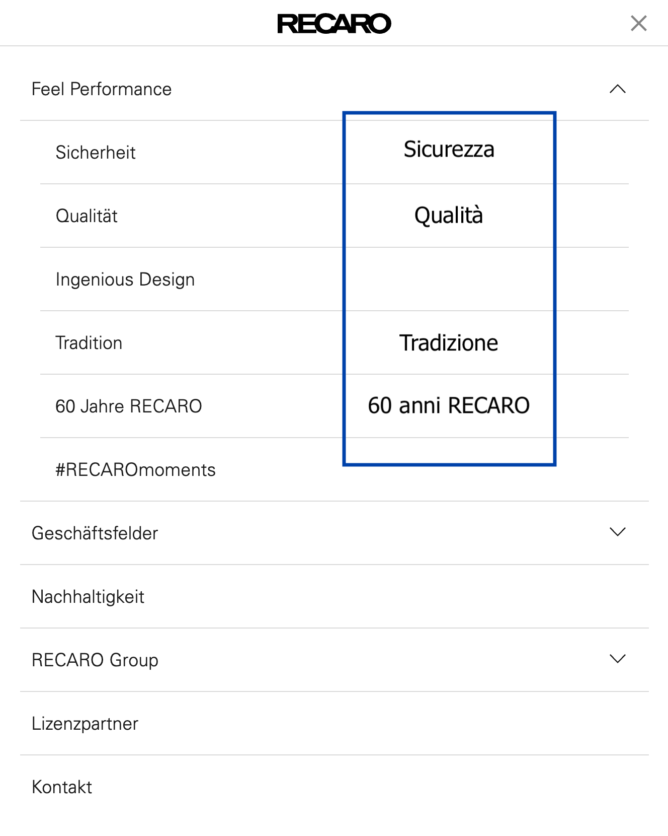 Secondo livello del menù di navigazione del sito de.recaro.com