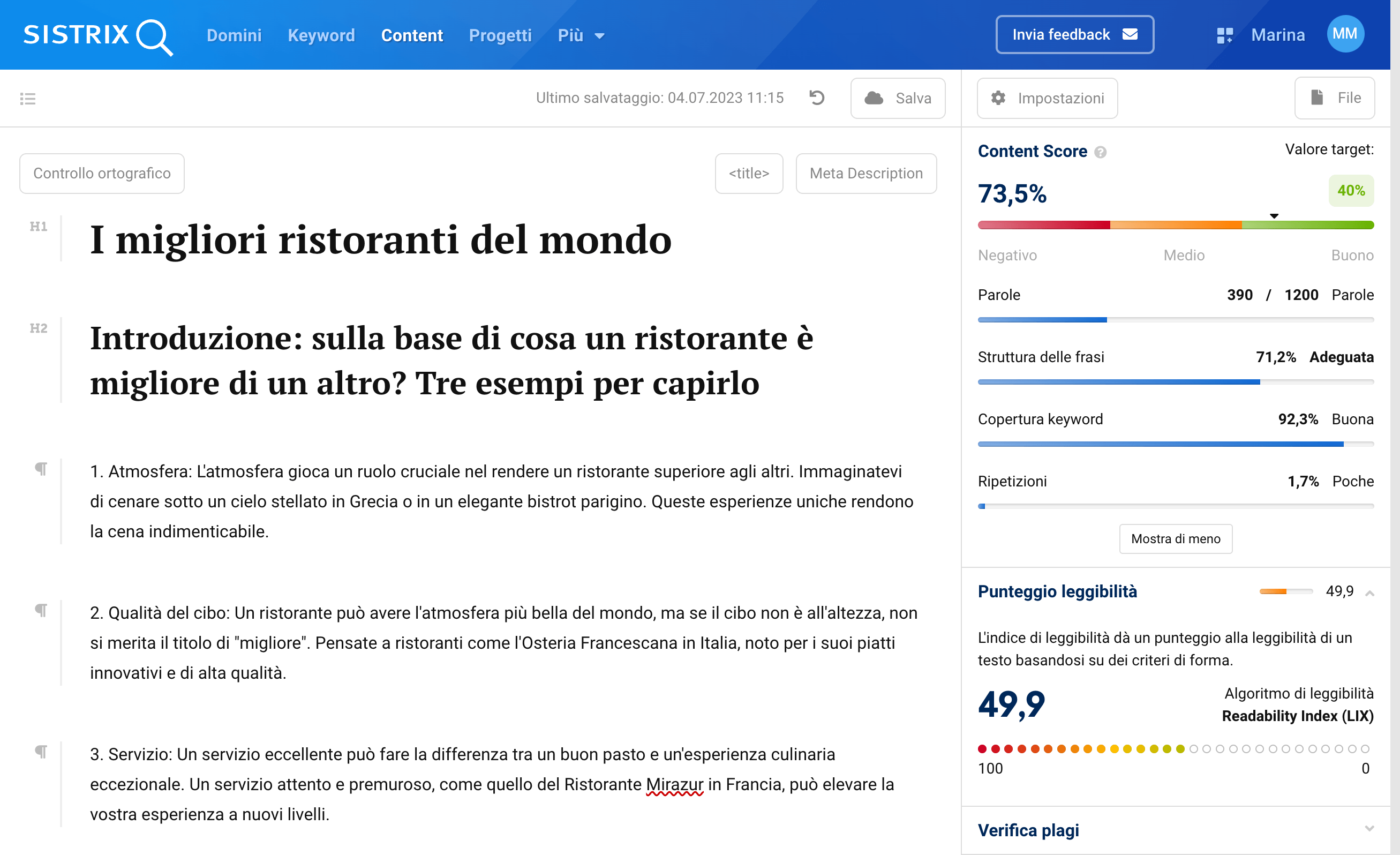 Esempio dell'editor del Content Assistant AI di SISTRIX