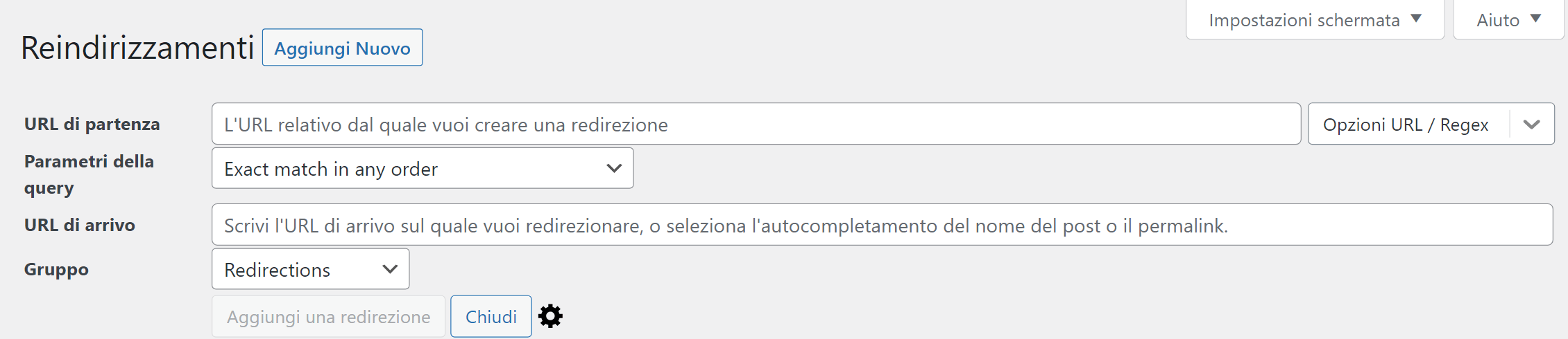 Interfaccia utente di redirection.me su WordPress