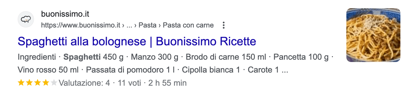 Esempio di risultato di ricerca con rich snippet nella pagina dei risultati di ricerca di Google