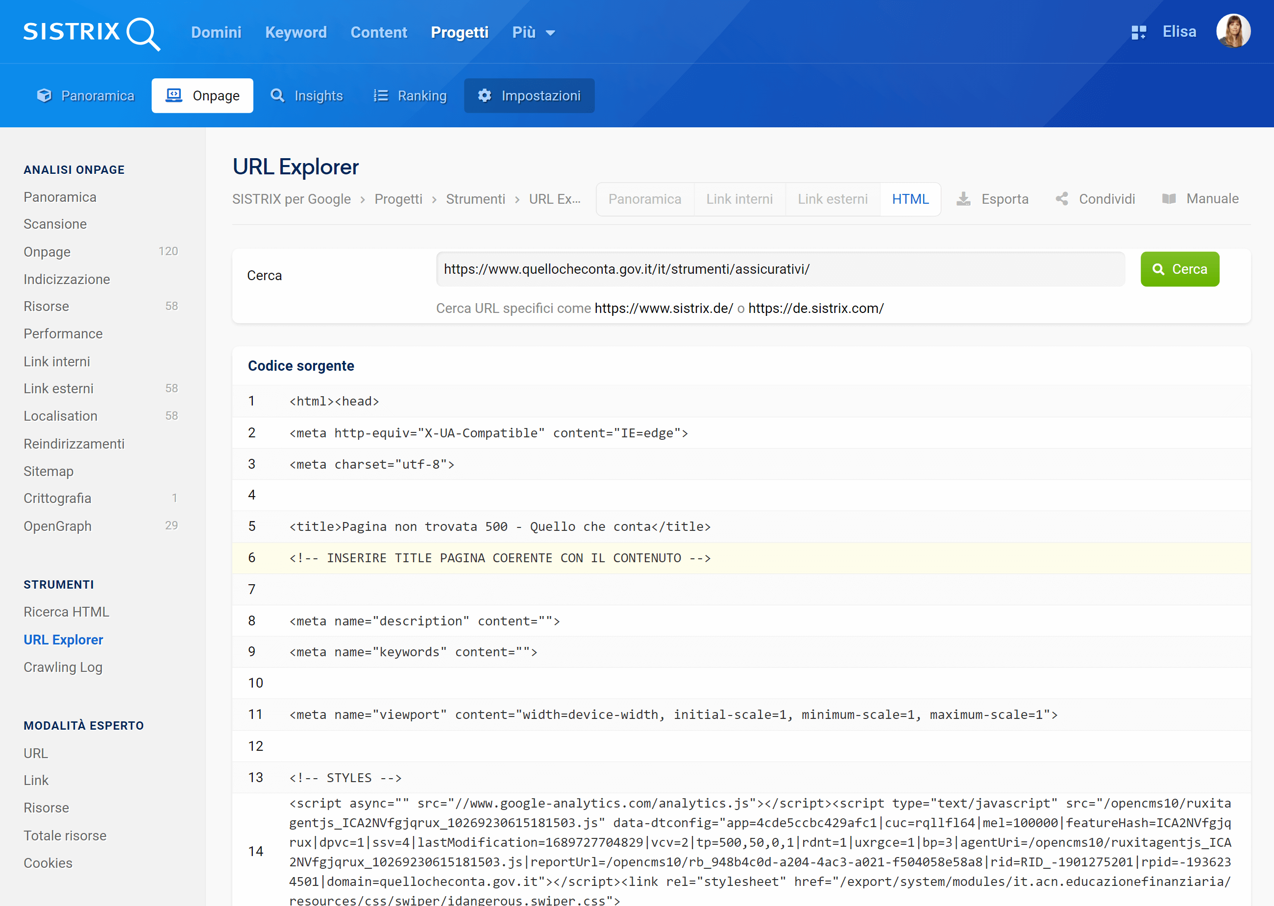 Progetto Onpage di quellocheconta.gov.it/it/ su SISTRIX. Analisi del codice sorgente di un URL.