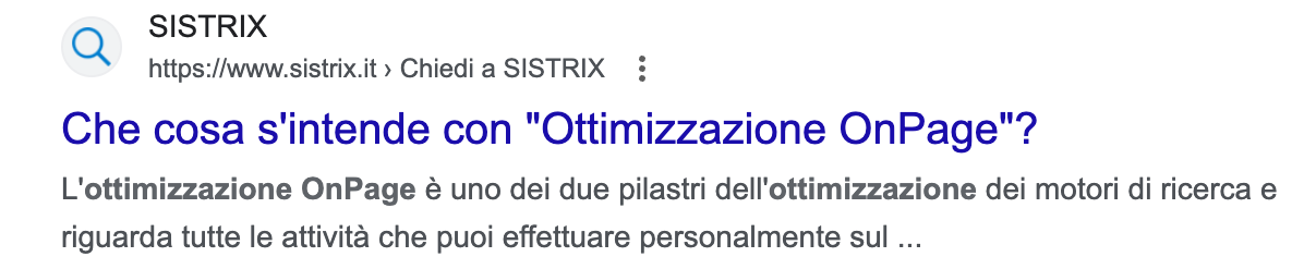 L'immagine mostra il risultato di Google per la pagina dal titolo "Che cosa s'intende con Ottimizzazione OnPage?"