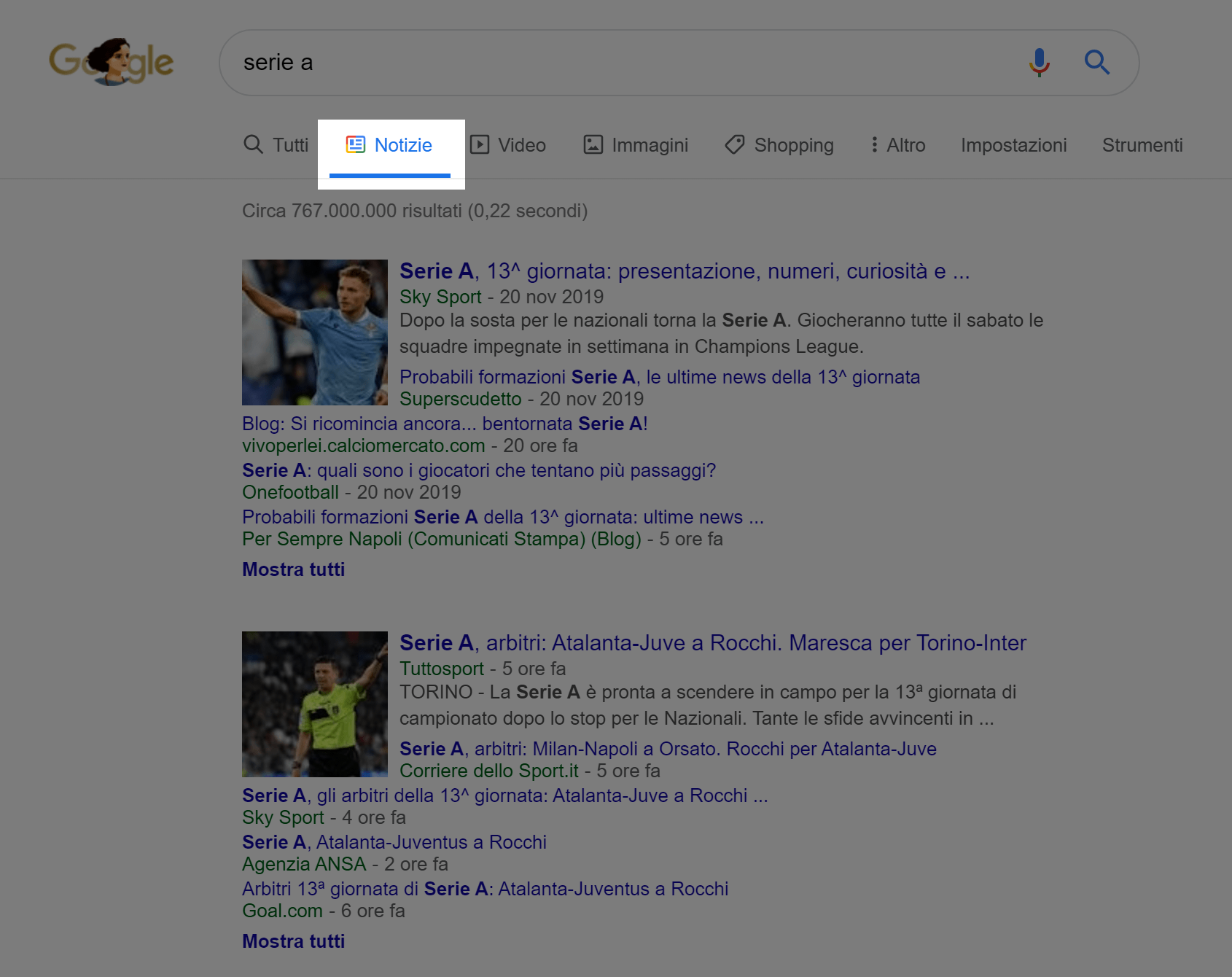 Sezione "Notizie" di Google