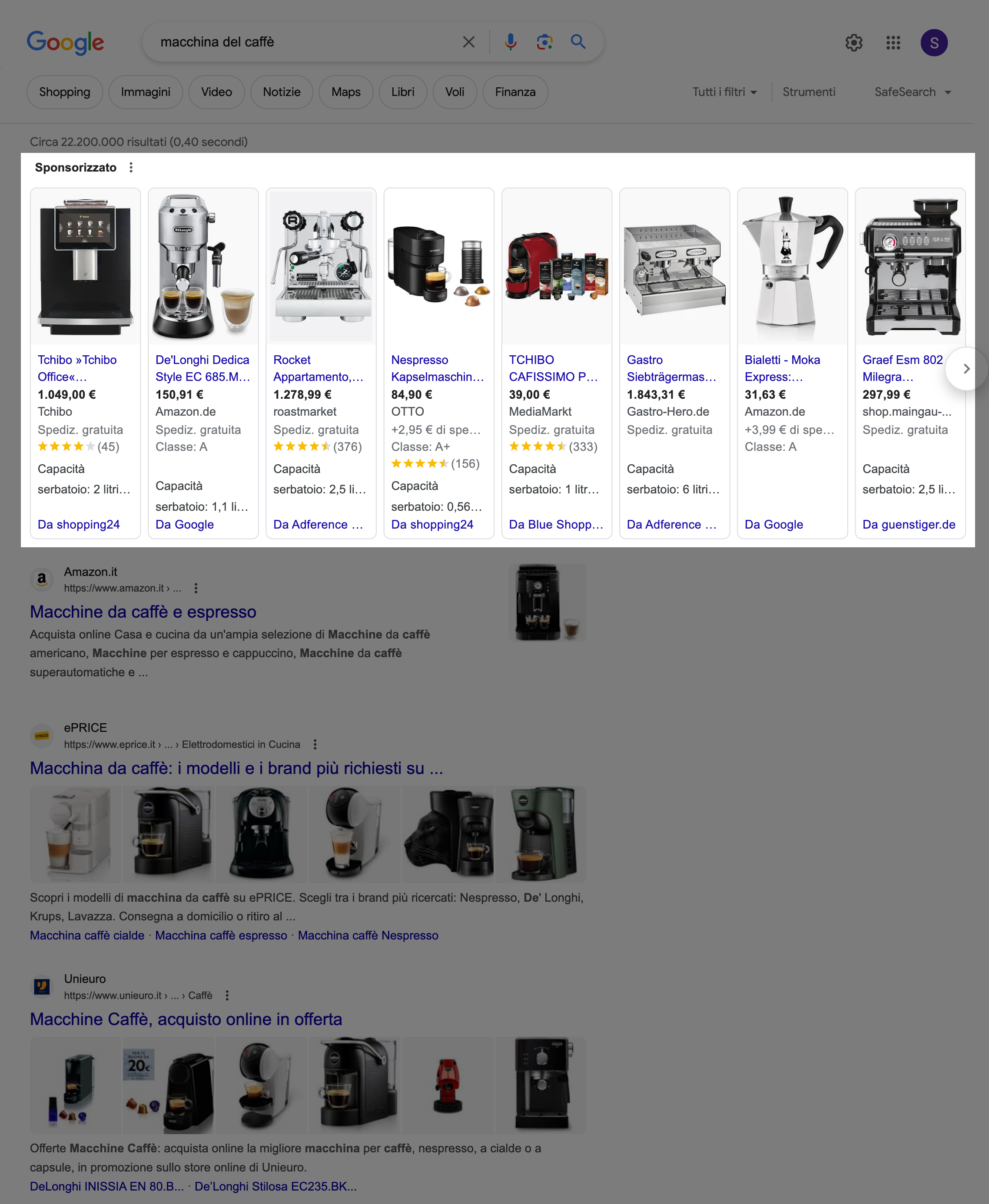 Mostra un esempio di pagina di risultati di ricerca su Google per il termine di ricerca "macchina del caffè". In alto vengono mostrati i risultati sponsorizzati.