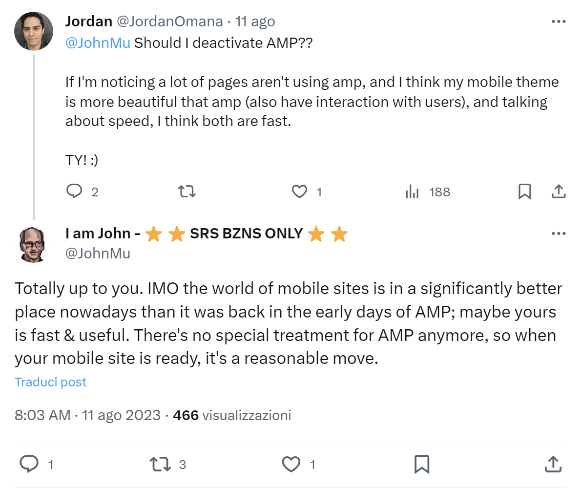 Tweet di John Mueller su AMP