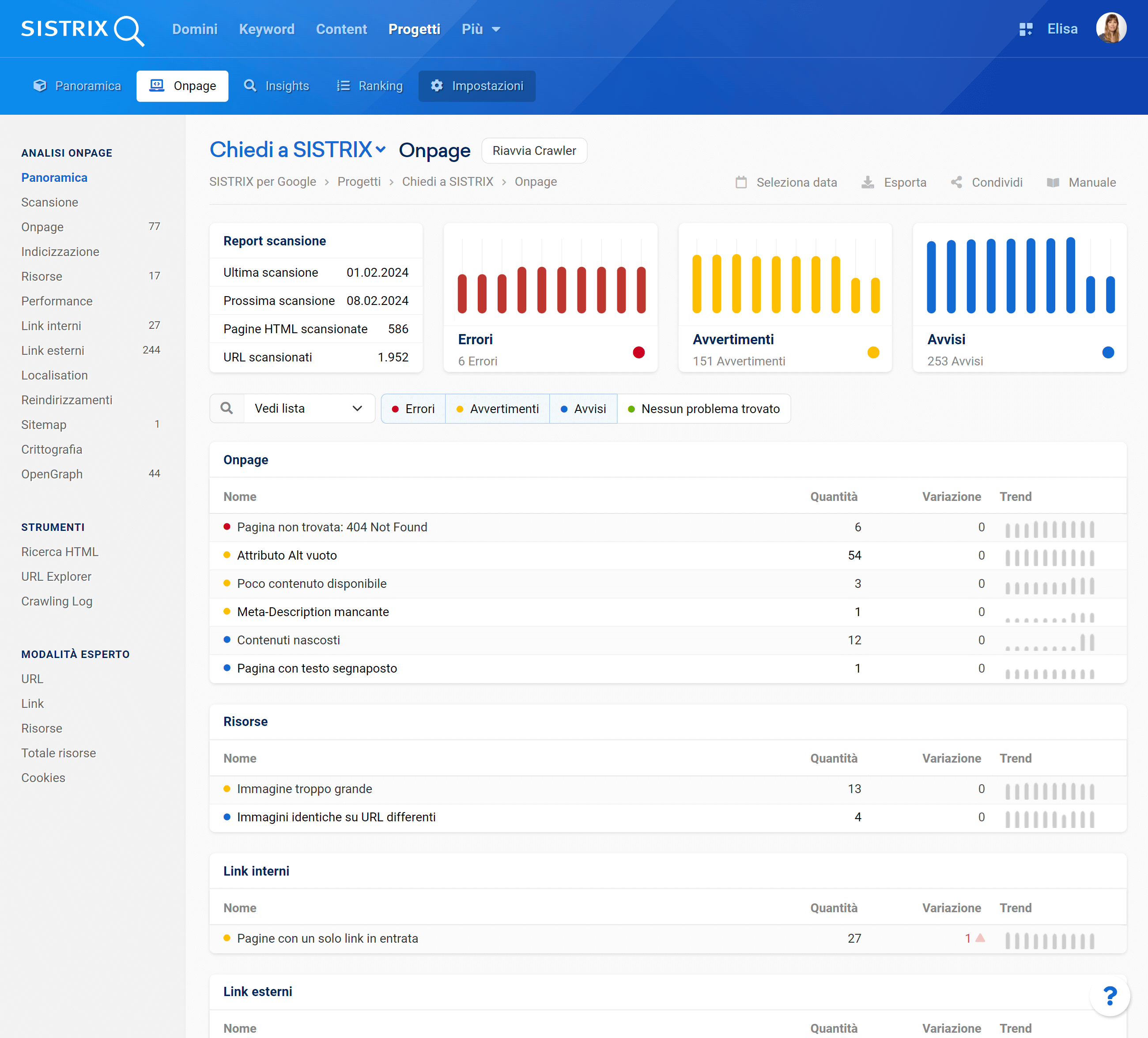 Onpage Audit nell'Optimizer SISTRIX