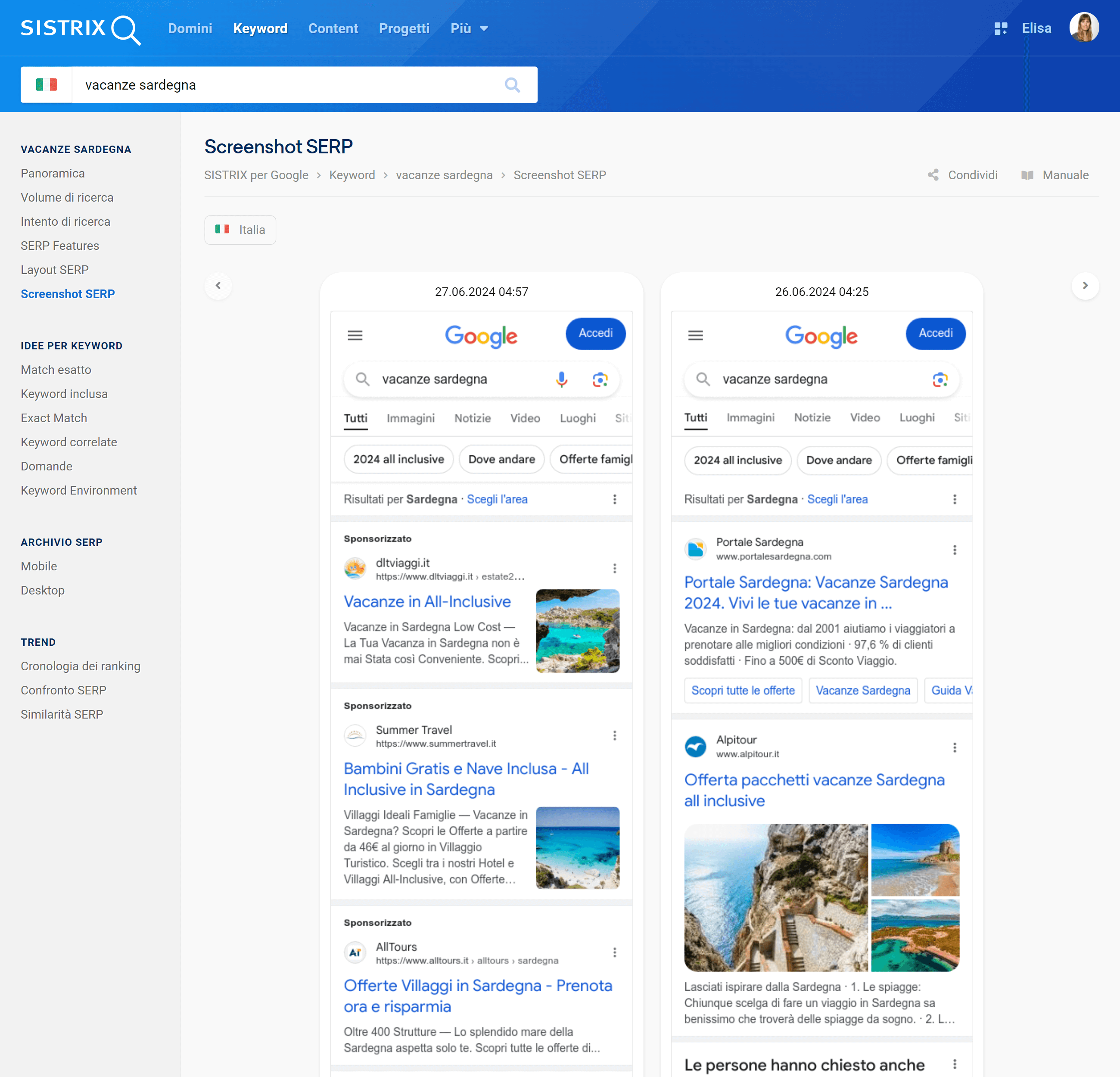 Funzione dello screenshot della SERP su SISTRIX