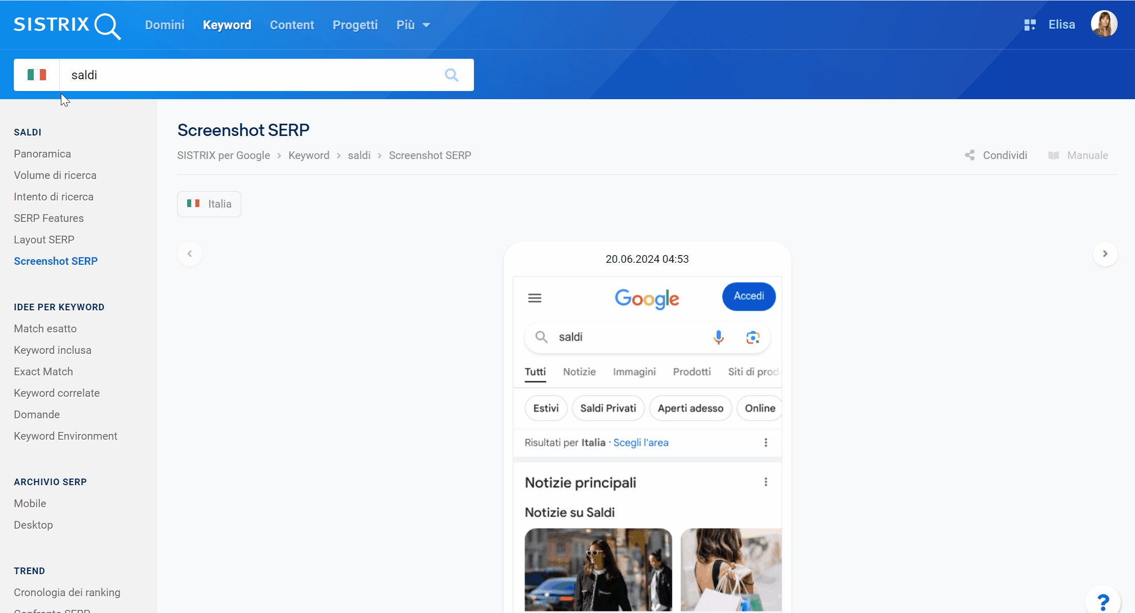 Funzione dello storico degli screenshot delle SERP su SISTRIX